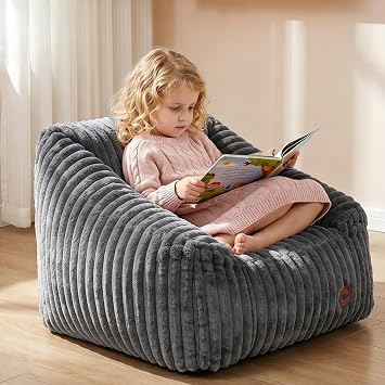 Kids Bean Bag Chair,Memory Foam Filled Bean Bag Chair Lounge with Grey Stripe Plush Bean Bags Removable Washable Cover for Reading Gaming Bedroom Living Room Playroom