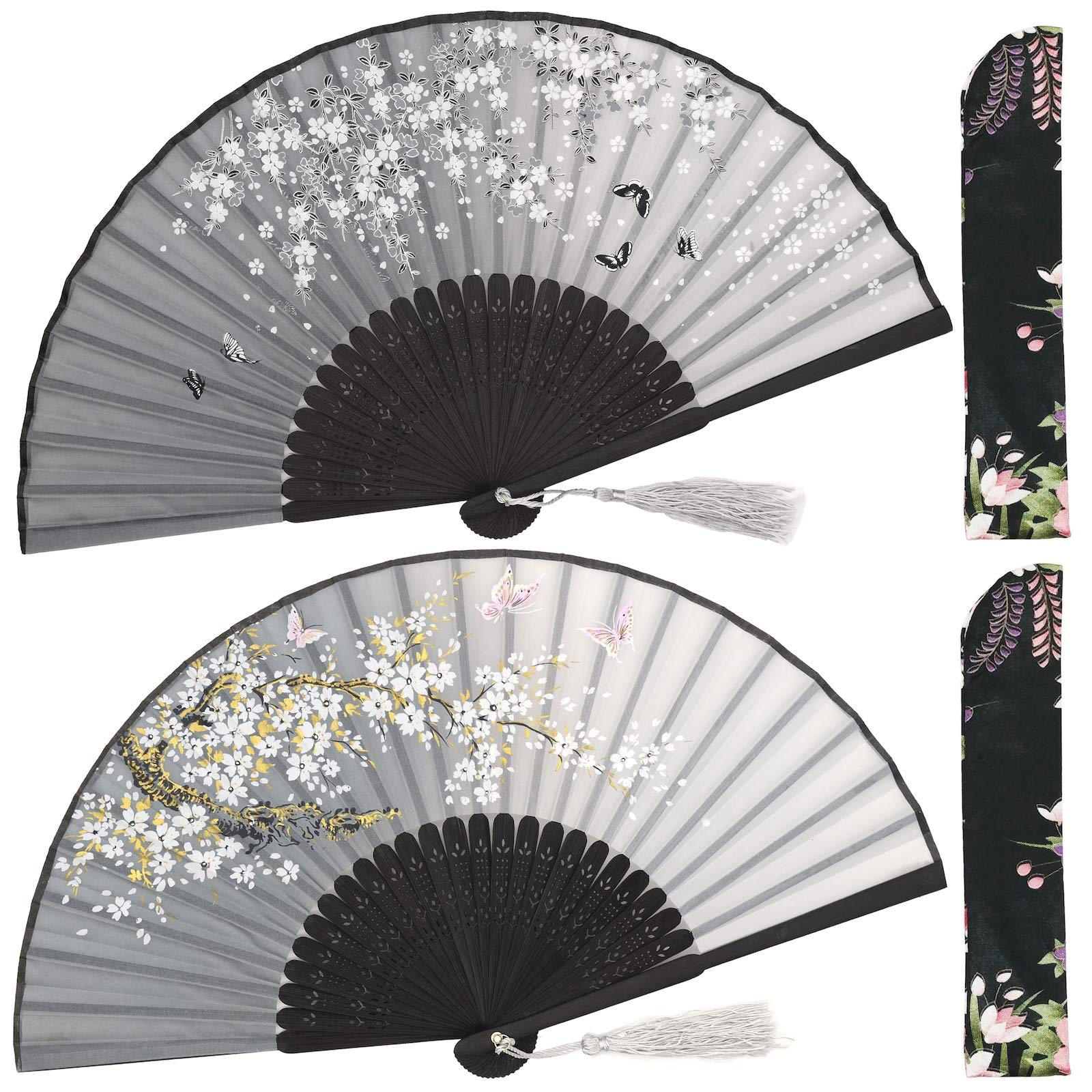 Omytea Women's Gray Sakura*2 Folding Hand Fans For - Chinese Japanese Vintage Bamboo Silk Fans - For Hot Flash, Edm, Music Festival, Party, Dance, Performance, Decoration, Wedding, Gift (Gray Sakura *2)