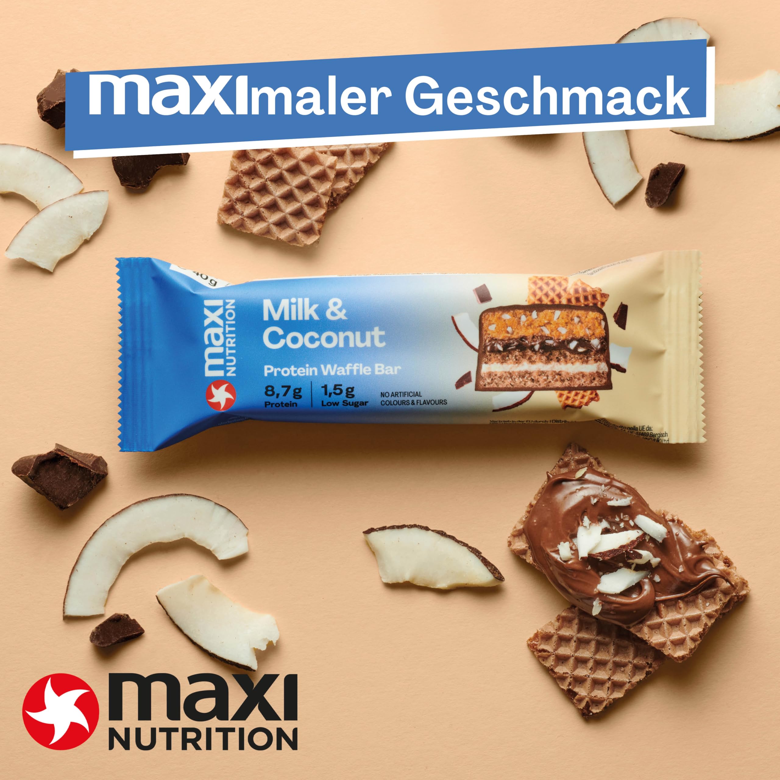 MaxiNutrition Milk & Coconut Protein Waffle Bar, 22% Eiweiß, 174 kcal, (12 Eiweißriegel x 40g), Ohne Zuckerzusatz