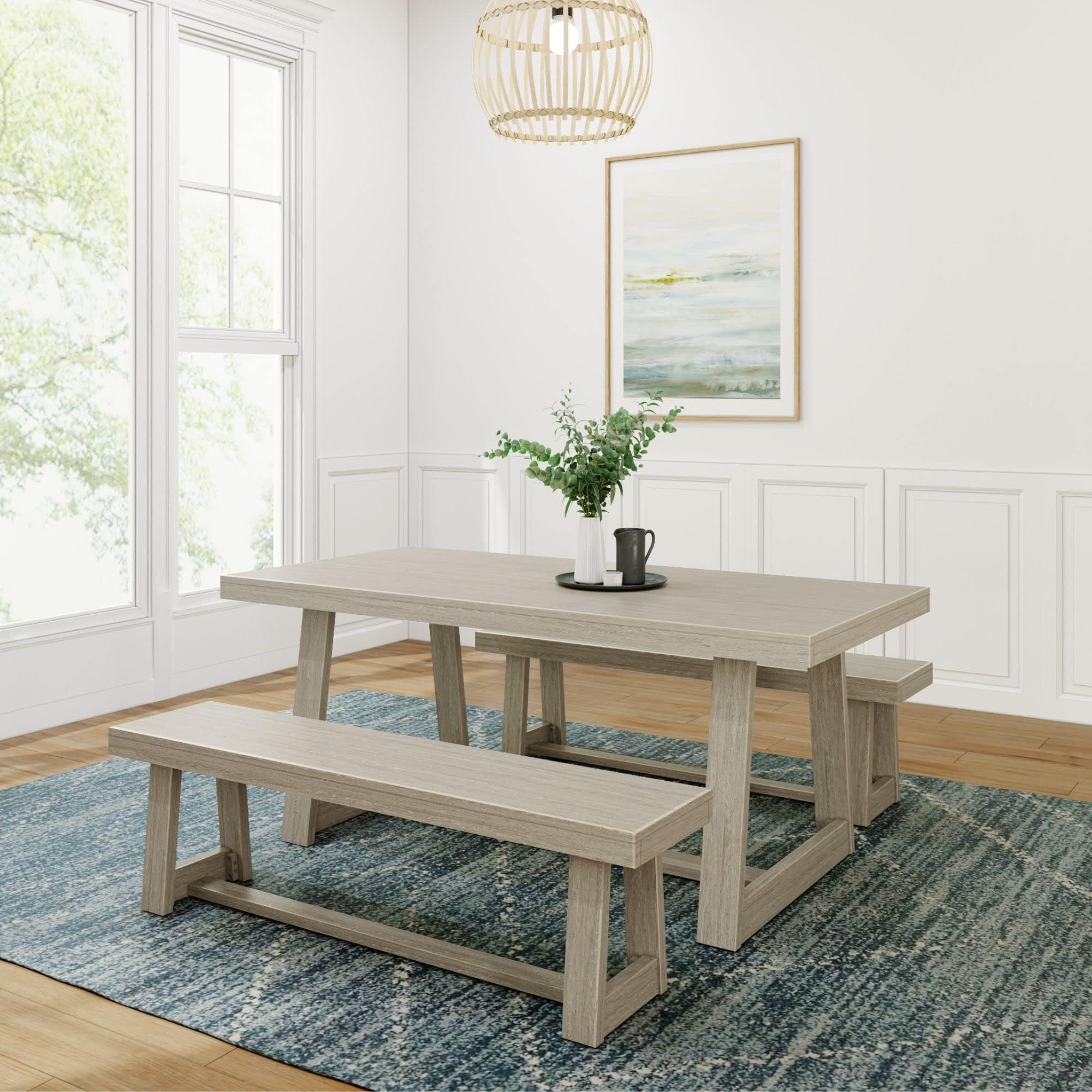 Plank+Beam Classic Wood Dining Table Set, Solid Wood Dining Table with 2 Benches for Dining Room/Kitchen, Seashell Wirebrush