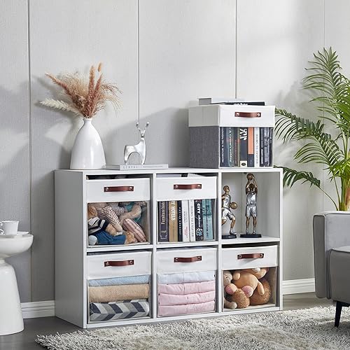 Miniatura 6 de Cubos de almacenamiento con ventana transparente de tela de lino plegables con asas, 13 x 13 pulgadas, almacenamiento plegable para estante y