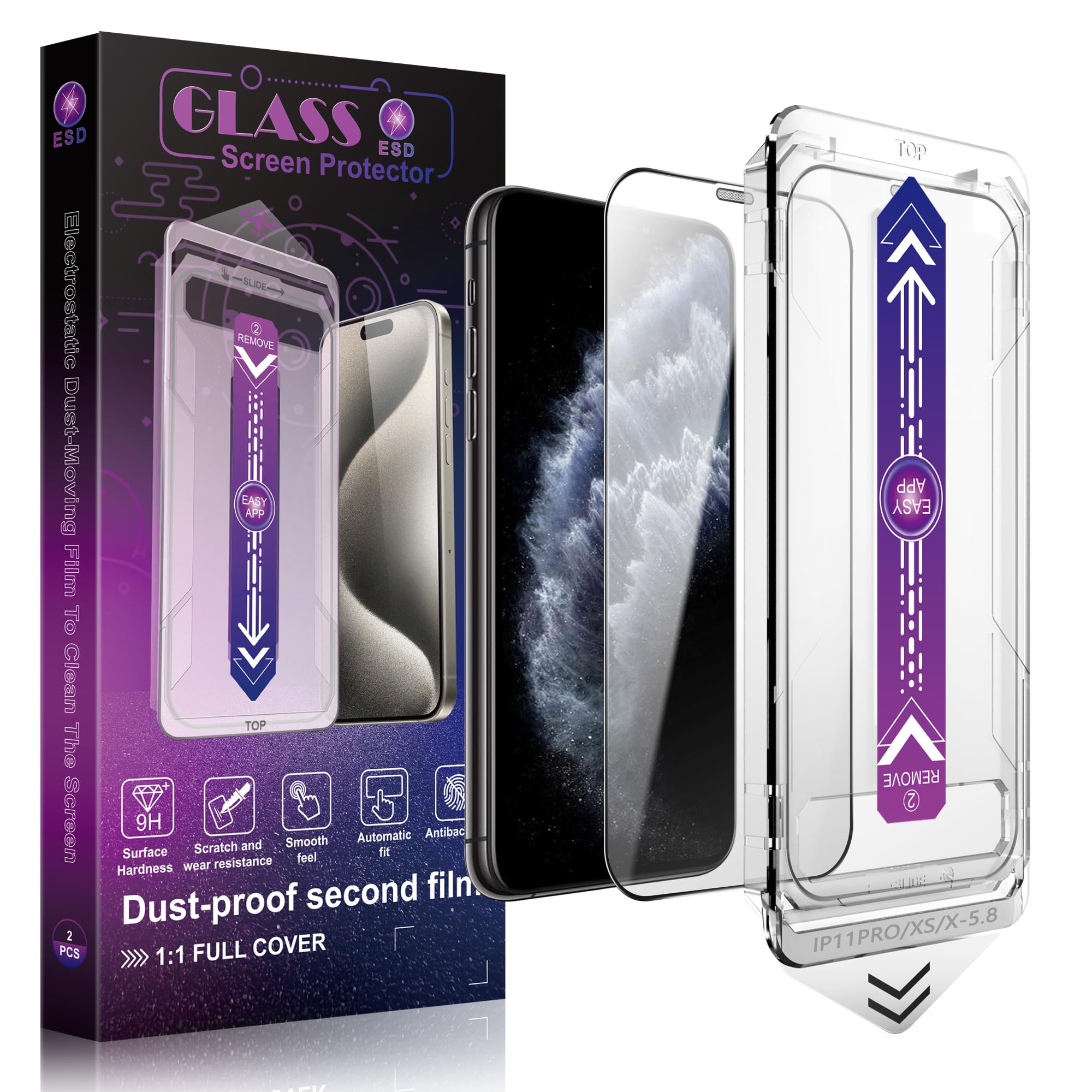 SHANG PIN JIA 2 Pack Screen Protector Tempered Glass for iPhone 11 Pro and iPhone XS/X 5.8-Inch, Auto Dust Removal, No Bubbles, High Definition Clear,