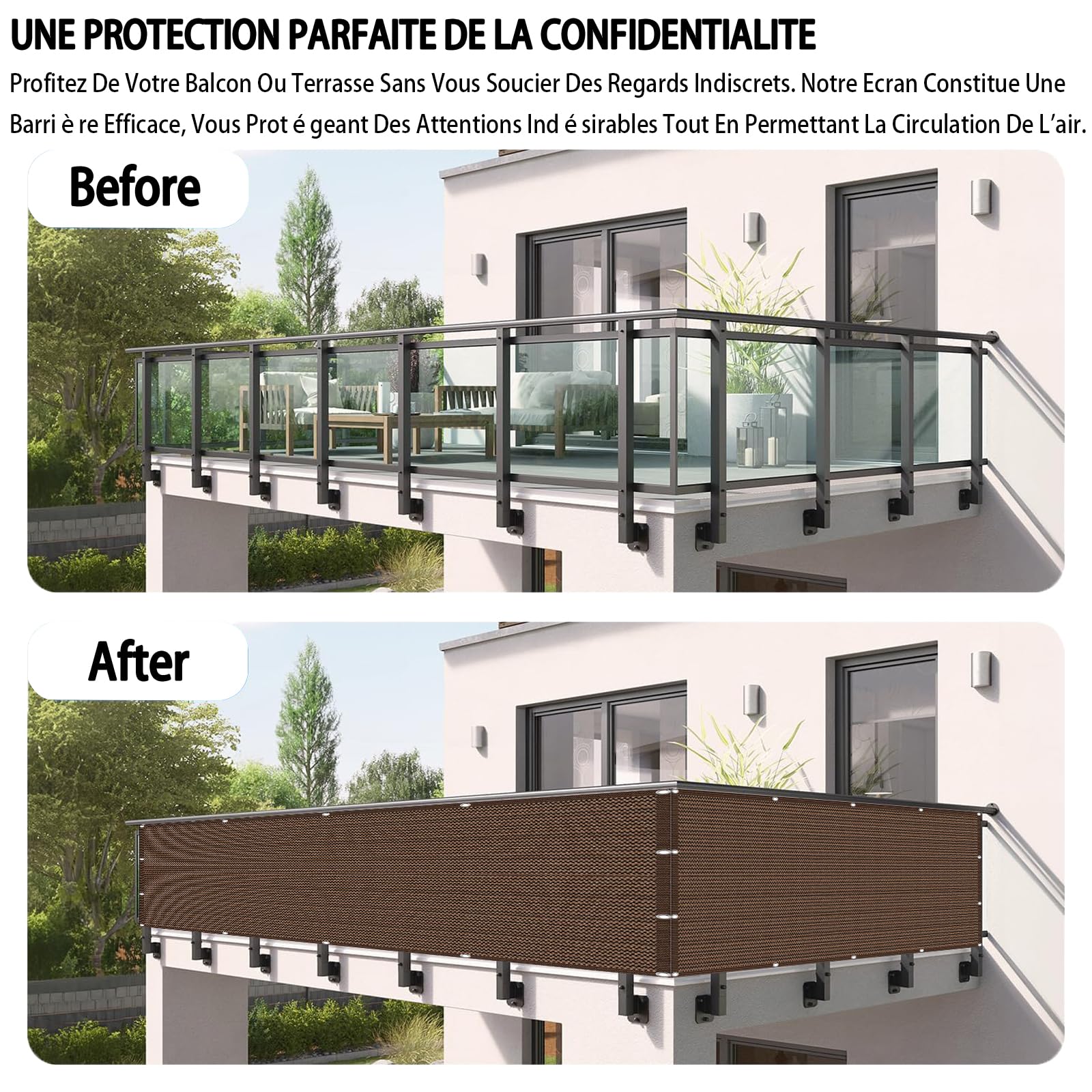 Copri Ringhiera Balcone 180 x 290 cm Ombreggiante, Protezione Solare e Traspirabilità, Recinzione Copri Ringhiera Balcone con Funi e Fascette per Giardino Terrazza, Marrone
