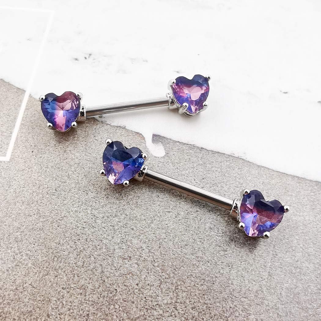 Excepro 2PCS Nipple Barbell 316L Surgical SS PVD Plated Multi-color Red Blue Rainbow Pink Purple CZ Heart shaped Nipple Piercing Shiny Sparkingly Nipple Rings - Image 7