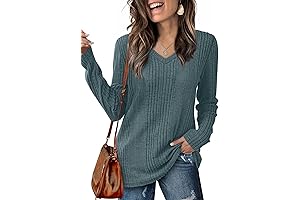 Womens Long Sleeve Tops V Neck Loose Fitting Shirts Lightweight Tunic Sweaters