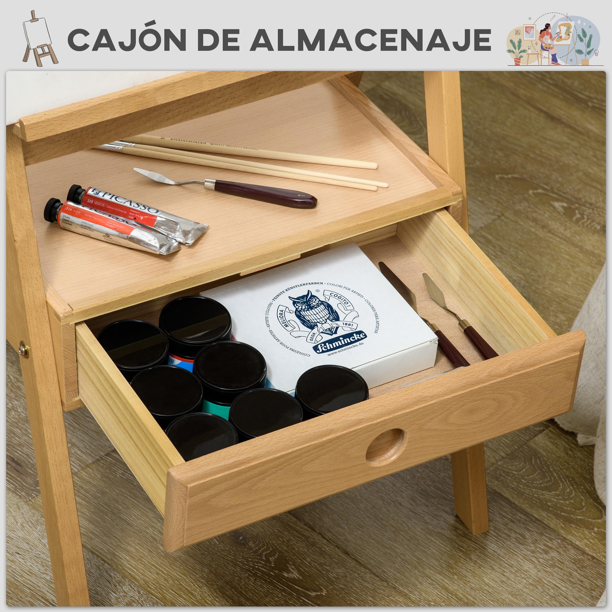 Vinsetto Caballete de Pintura con Marco en H 43,5x43x150-190 cm Natural | Madera, Lienzos hasta 92 cm, Cajón, Altura Ajustable, Caballete de Estudio