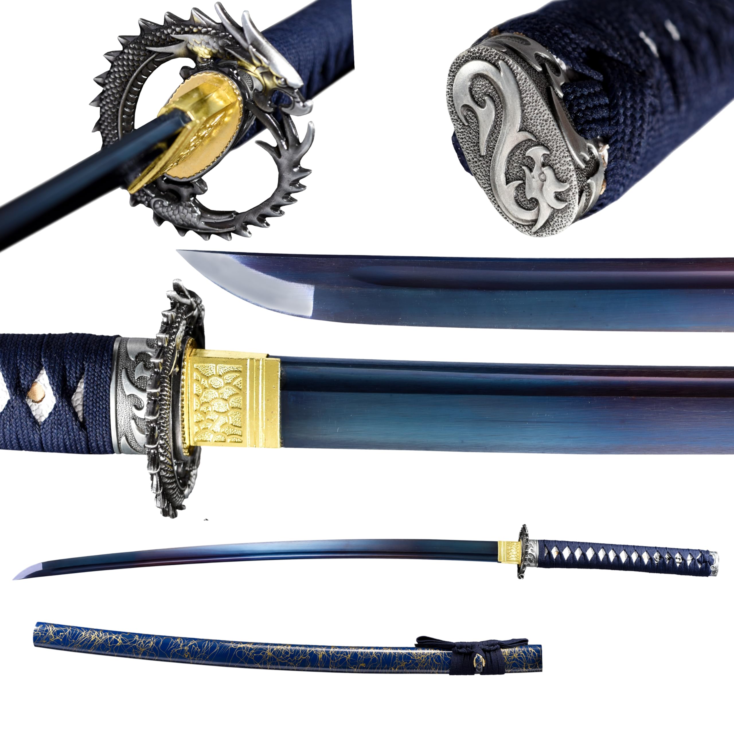 Dejiang Katana Real Samurai Sword, Handmade Japanese Swords Full Tang 1060 Carbon Steel, for Training, Collecting, Dojo, Lovers of Japanese Culture etc. Indigo Mistblade