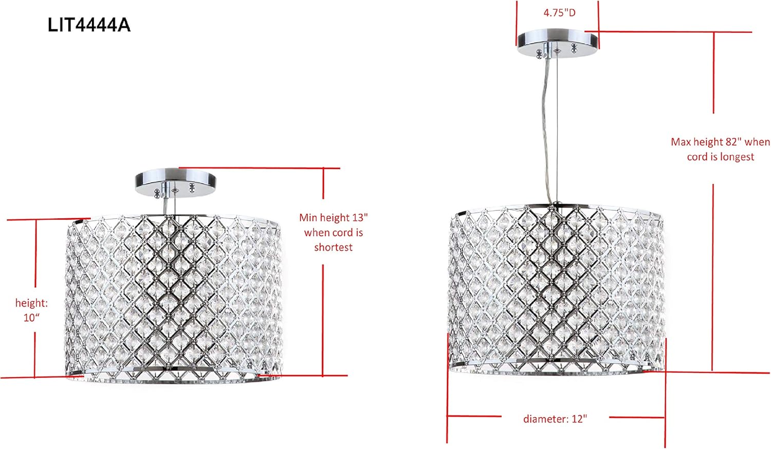 SAFAVIEH Lighting Collection Silva Art Deco Modern Farmhouse Shabby Chic Chrome Beaded Diamond 12-inch Diameter Adjustable Hanging Pendant Light Fixture (LED Bulb Included)
