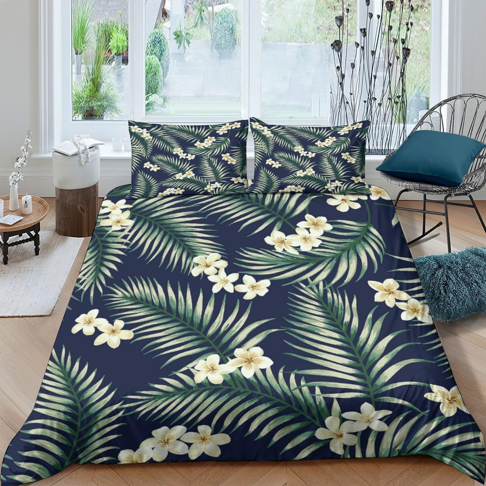 Ctjqhvkz Style-2 3D Printed Tropical Leaf Fitted Sheet Microfiber Soft Breathable White Plumeria Mattress Cover For Bedroom Guest Room Decor Single（135X200cm）