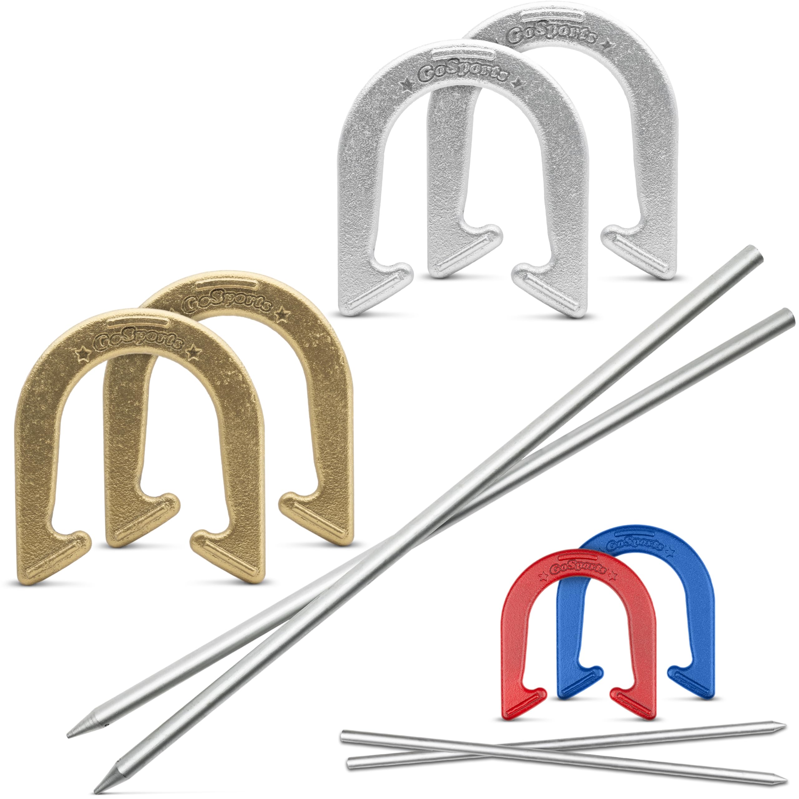 GoSports Steel Horseshoes Outdoor Game Set - Gold & Silver or Red & Blue - Official Size and Weight