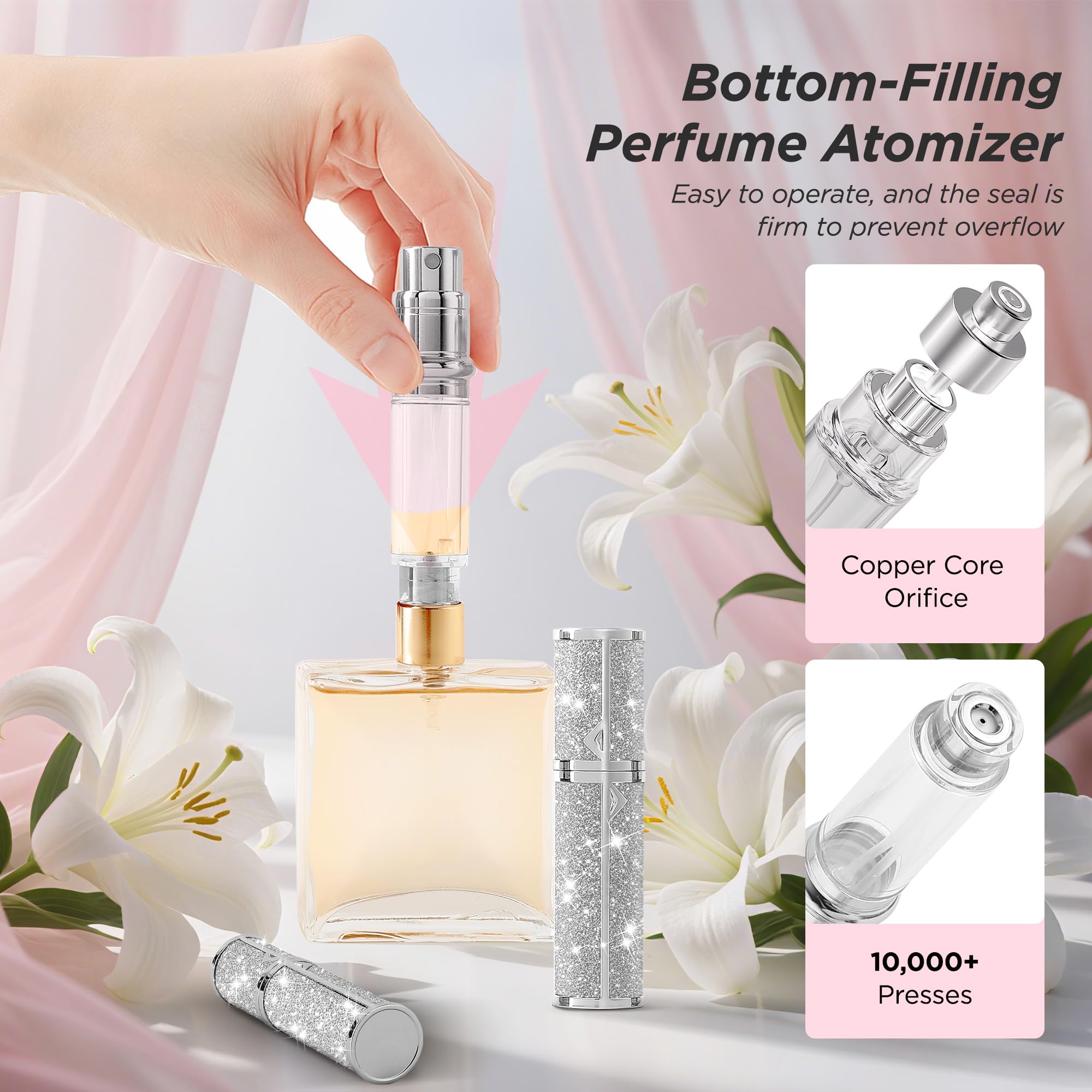 SESENSE Reise-Parfümflasche, nachfüllbar, funkelnder Parfümzerstäuber, auslaufsicher, tragbar, 5 ml, leerer Mini-Zerstäuber, Sprühflasche für Reisen und Ausgehen, Silber, 5 ml