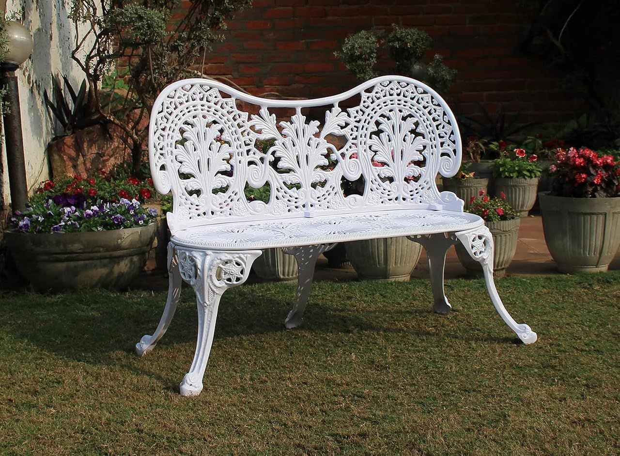 Regalia Series Cast Aluminium Furniture | 3-Seater Cast Aluminium Patio Bench for Garden, Balcony, Patio, Bistro Rooftop, & Dining | Durable Bench (White)