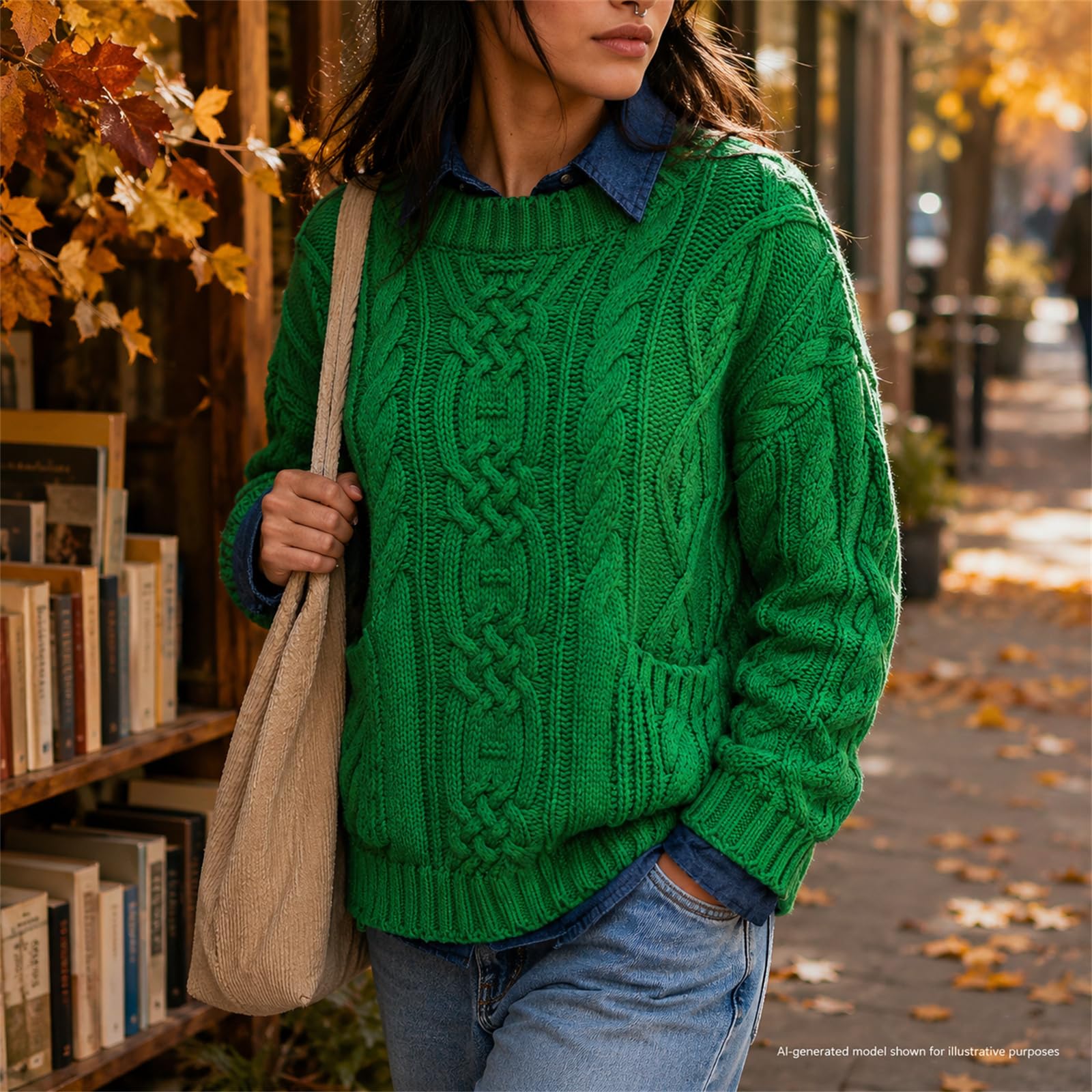 Maglione da donna oversize a maglia grossa con motivo a treccia, scollo