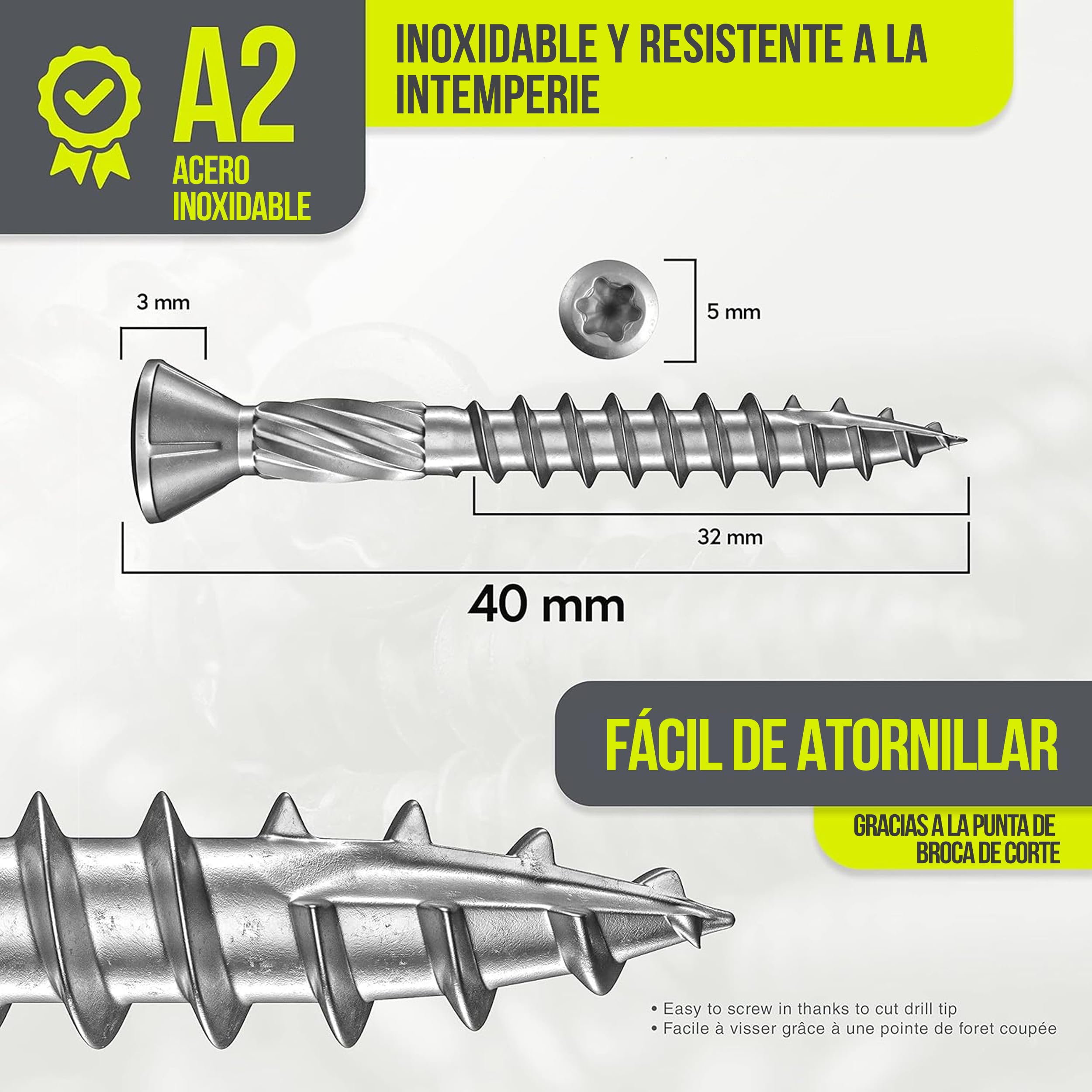 Tornillos para terraza Muesca de corte Torx | A2 TX25-5,0x40mm - 200 uds| Tornillos para tarimas de acero inoxidable de primera calidad con recubrimiento deslizante, tornillo tarima madera