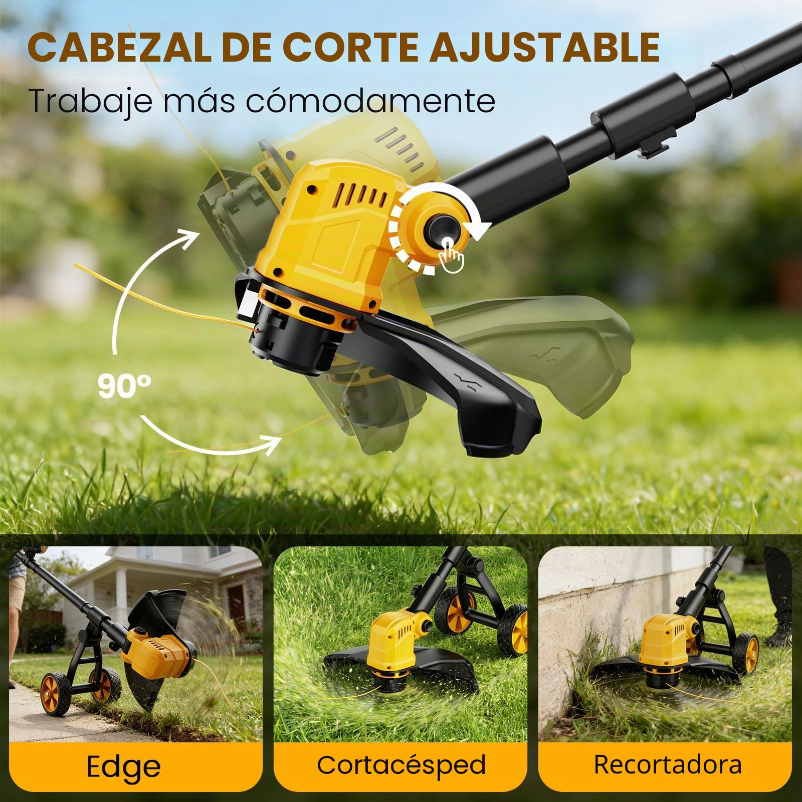 Desbrozadora Bateria con Ruedas, 21V Desbrozadora Electrica con 2 * 3.0 Ah Baterías, 800W Motor sin Escobillas, Ancho de Corte 36CM, Cortabordes Ligero 3 en 1 con 8 Bobinas de Recambio para Jardín