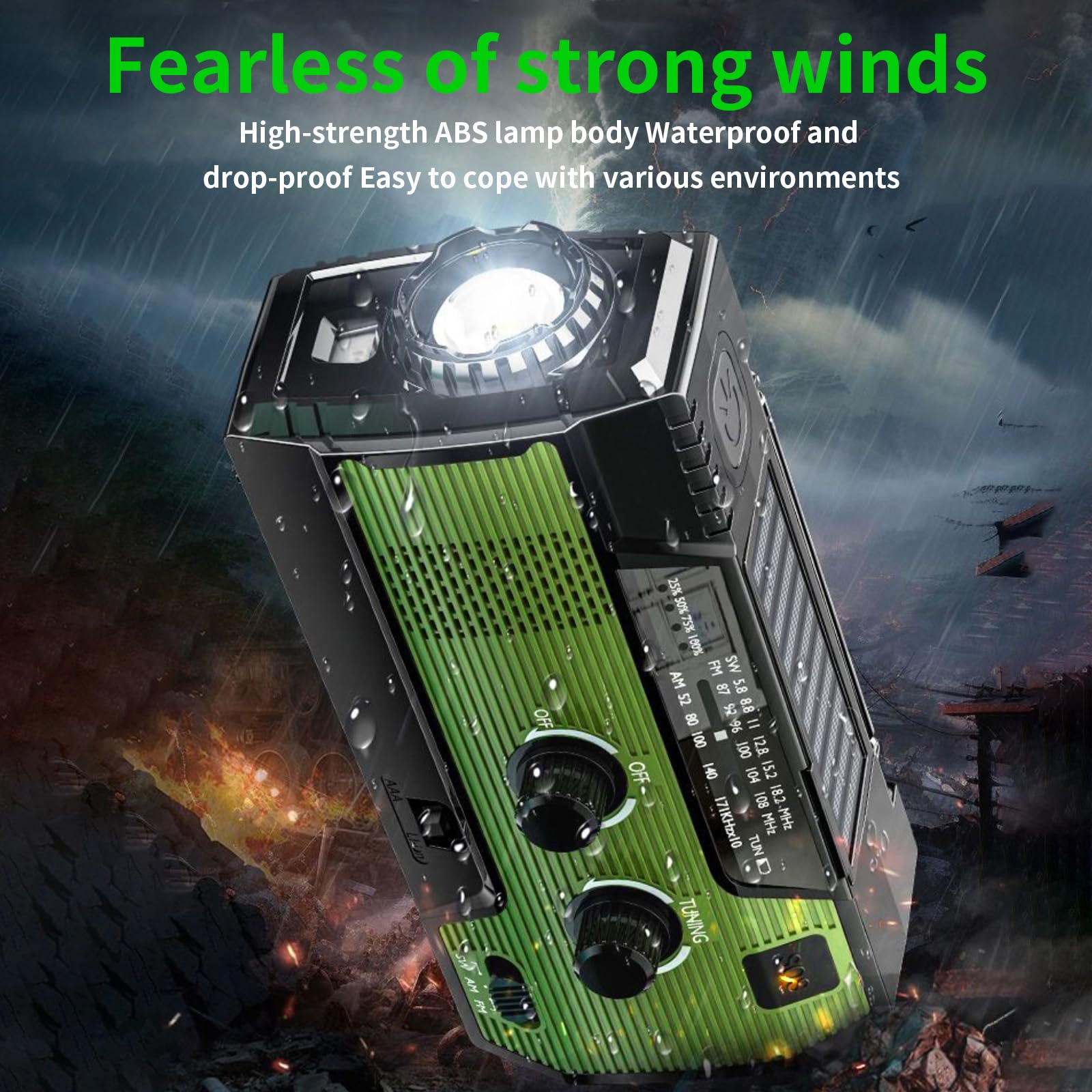 SOLARBABY Radio solare di emergenza con manovella, torcia LED, allarme SOS, AM/FM, batteria 4000 mAh, ricarica smartphone (Verde)