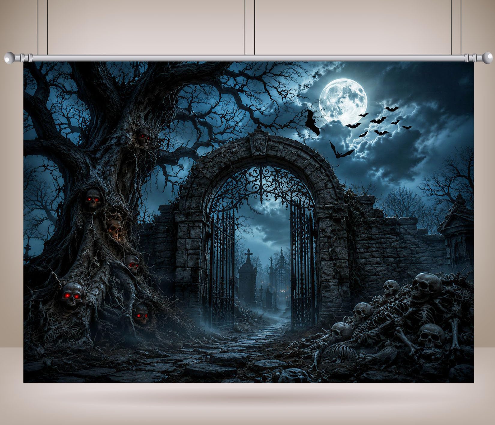 BELECO 4.6x3m Tessuto Sfondo Halloween Cancello Cimitero Spettrale | Albero Con Teschi Cimitero Spaventoso Porta Di Ferro Scheletro Teschio Luna Piena Pipistrello Notte Nebbiosa Telo Di Sfondo