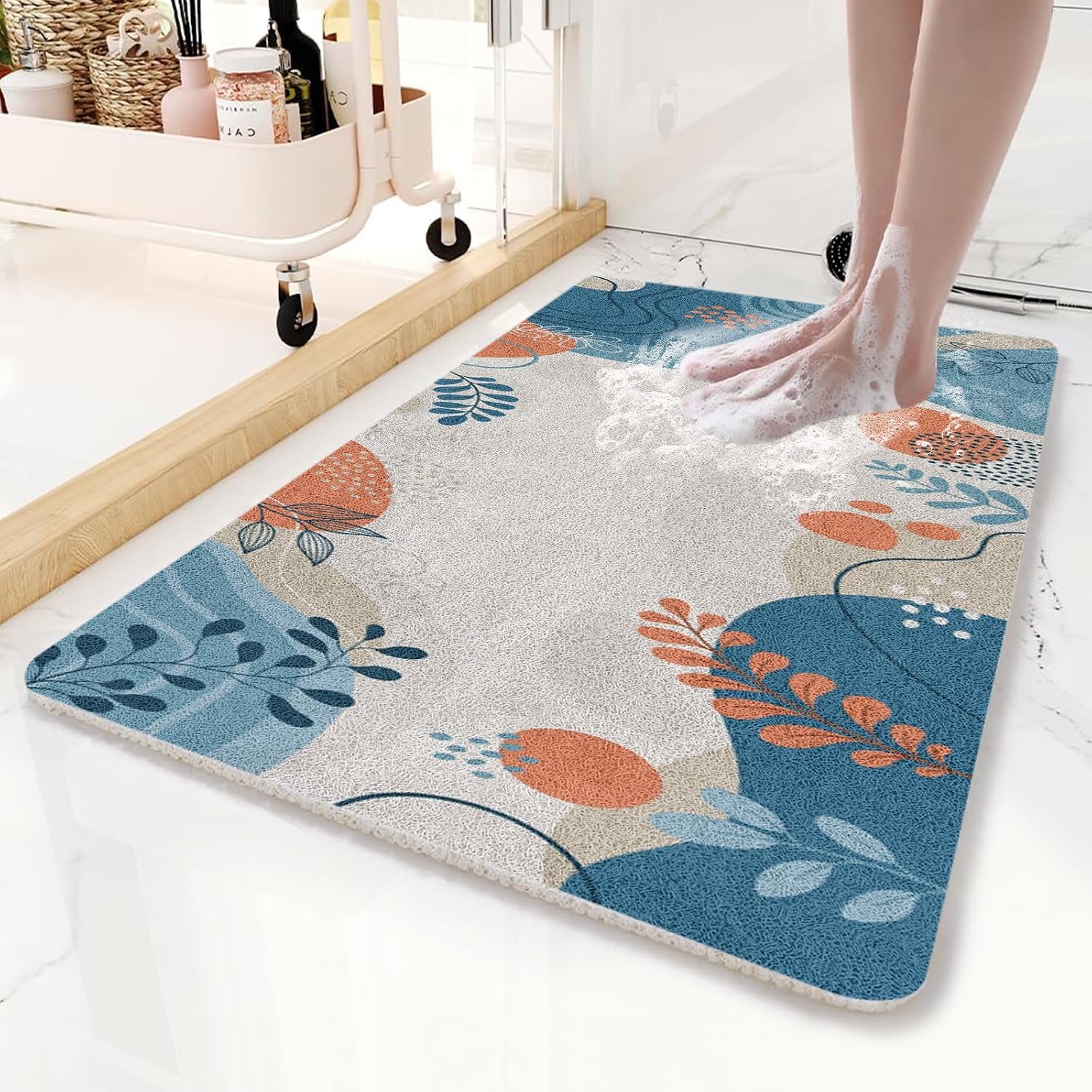 Quick Drying PVC Loofah Bathmat, 55x48 Inch Square Shower Stall Mat w/Drain for Textured Surface, Shower Mat Non-Slip Bathtub Mat for Shower, Tub, Bathroom, Wet Areas