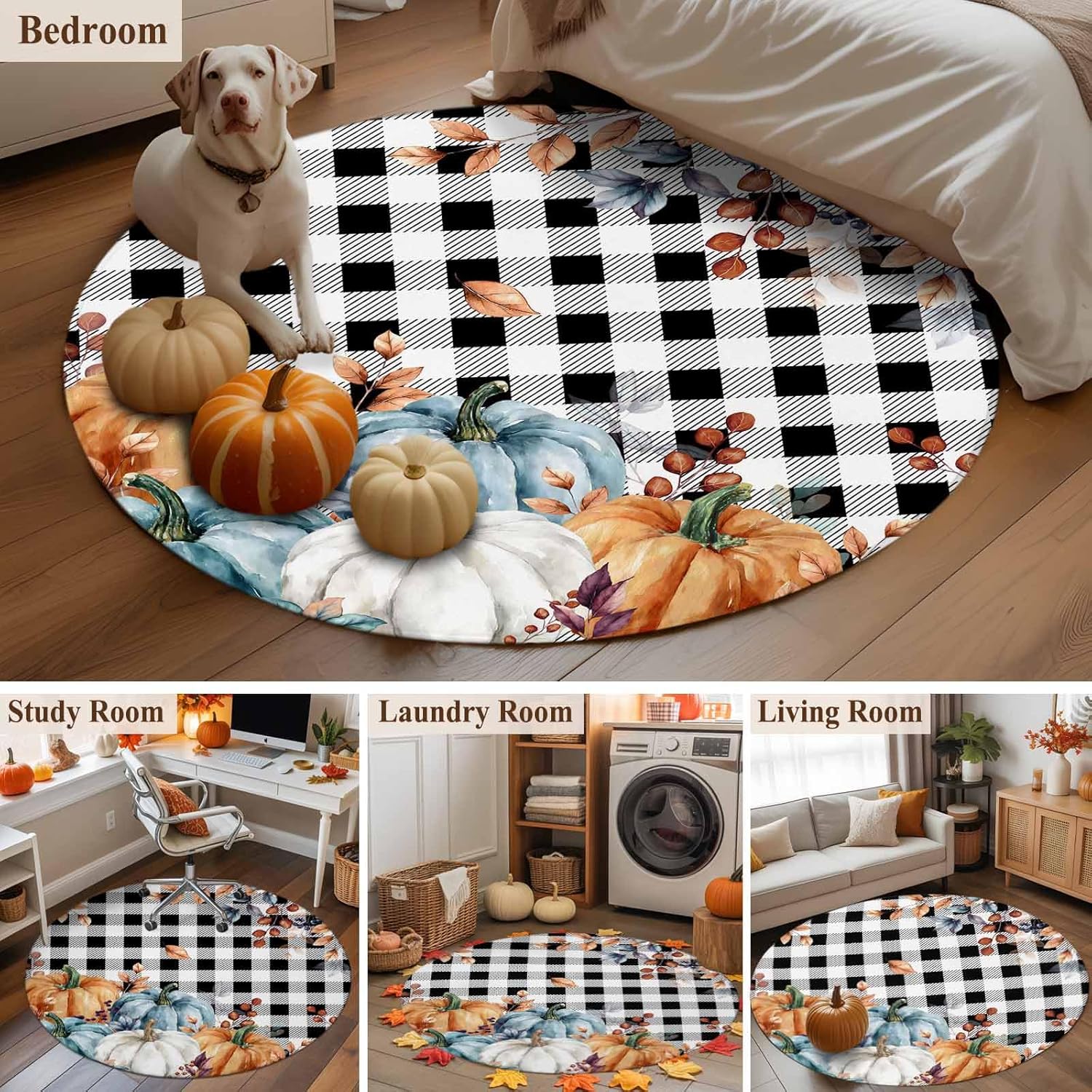 DecorLovee Small Round Rug 3Ft Washable Non-Slip, Orange Blue Grey Pumpkins Fall Circle Area Rugs for Living Room Bedroom, Thanksgiving Botanical Plaid Indoor Floor Mats Carpet Runner for Home Decor