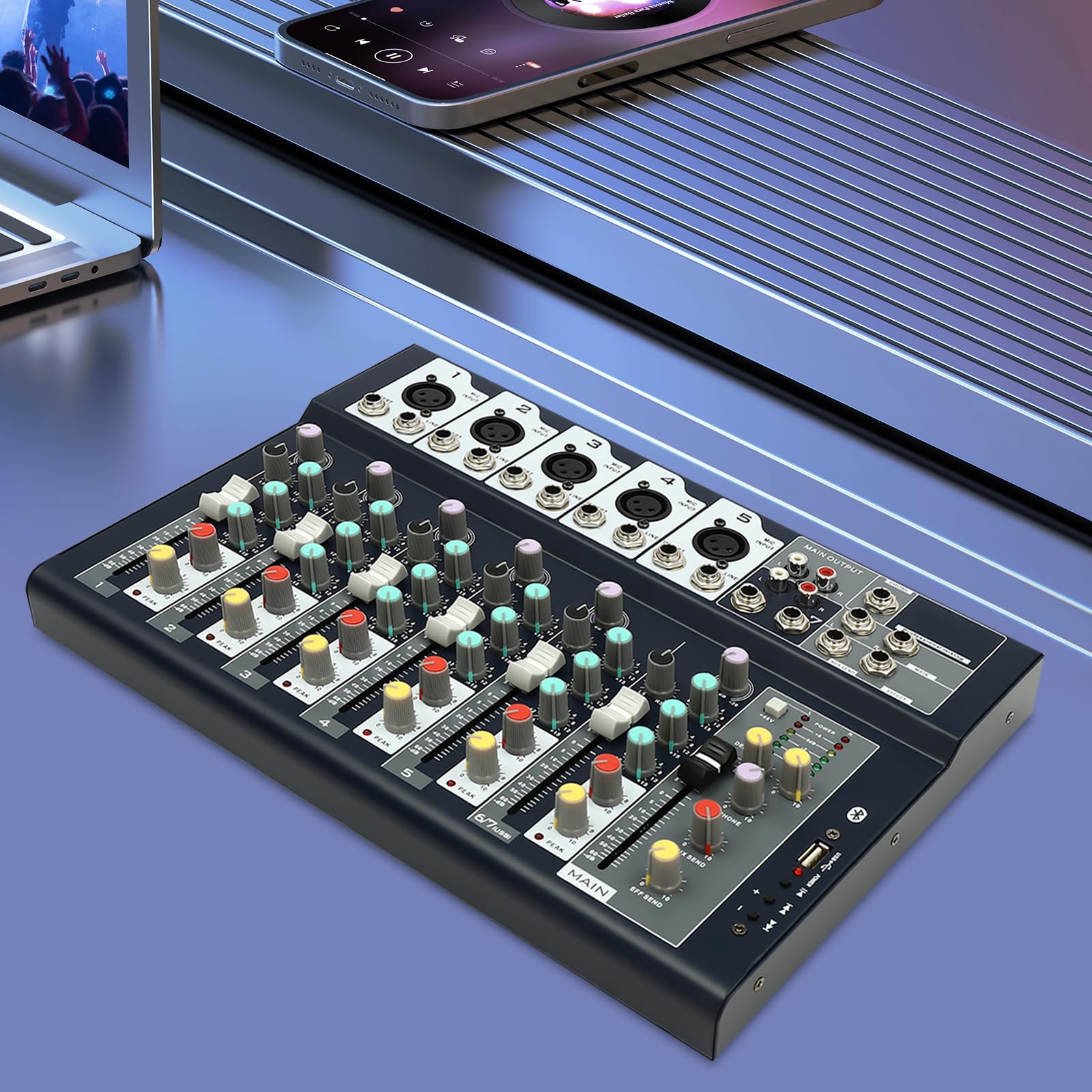 Professioneller Audio Mixer, 7 Kanal Bluetooth Mischpult mit USB, DJ Mixer für Musikkneipen, Aufnahmestudio