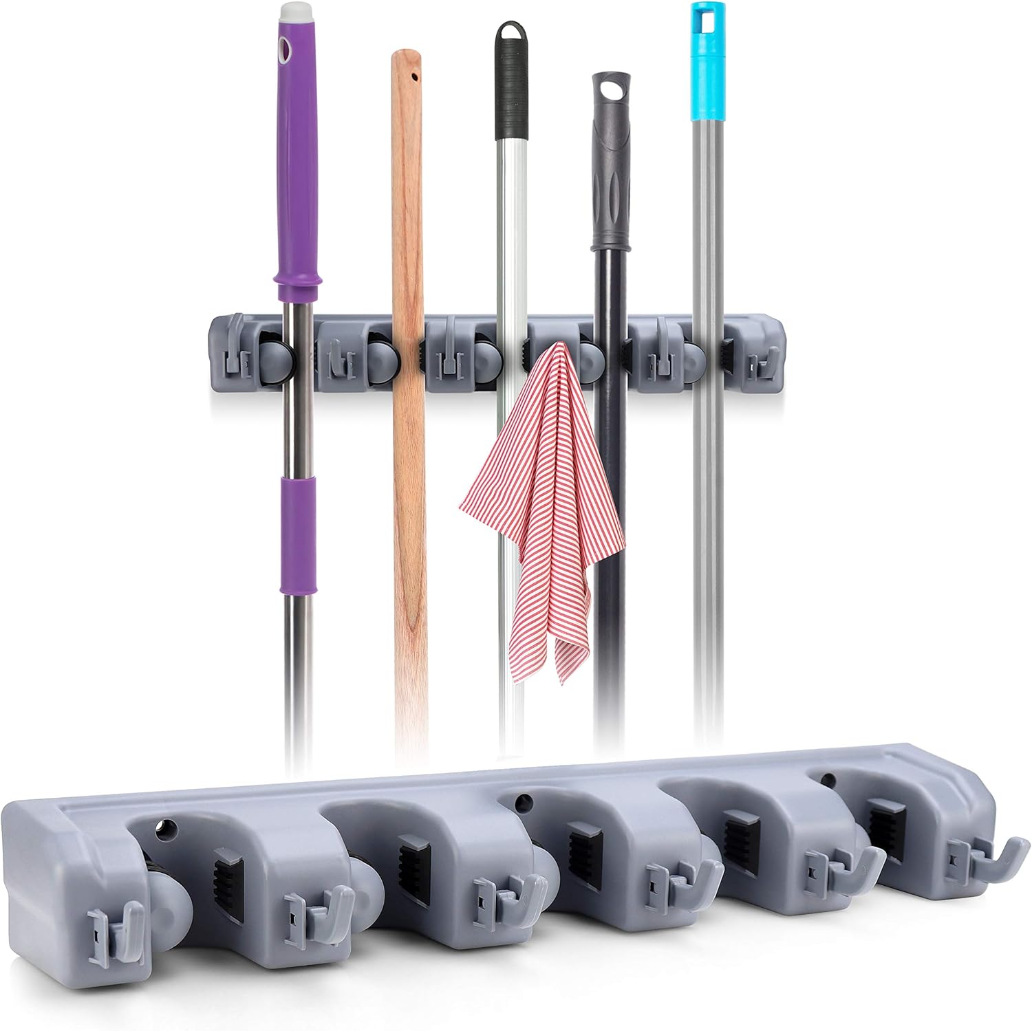 Braxxton Broom Mop Holder and Garden Tools Organizer Rack with 6 Heavy Duty Storage Hooks - Wall Mounted for Space Saving Storage