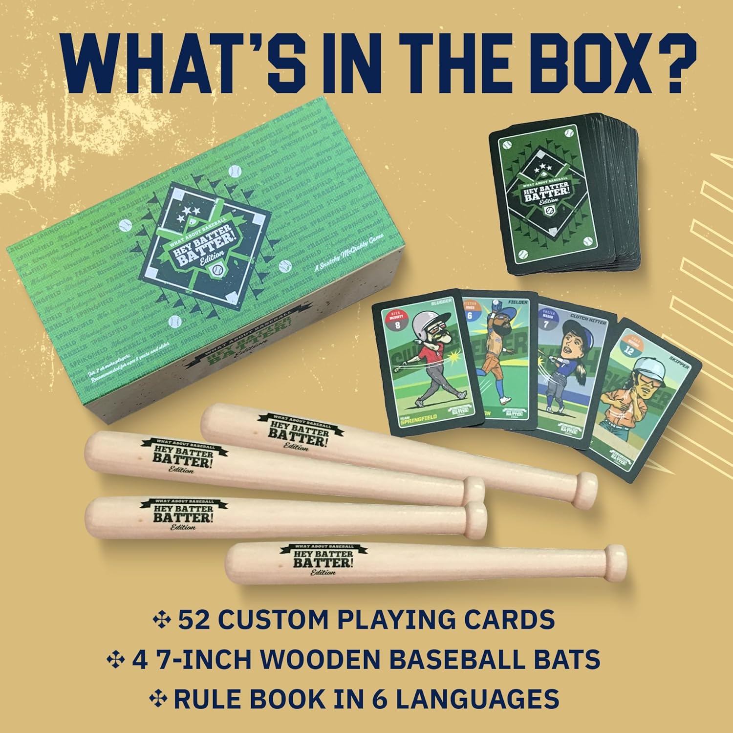Grandma Smiley's Hey Batter Batter, Baseball Card Games for Kids 8-12, Card Games for Adults and Families, Family Card Games - 2-5 Players, 52 Custom Cards, 4 Mini Baseball Bats - Made in The USA
