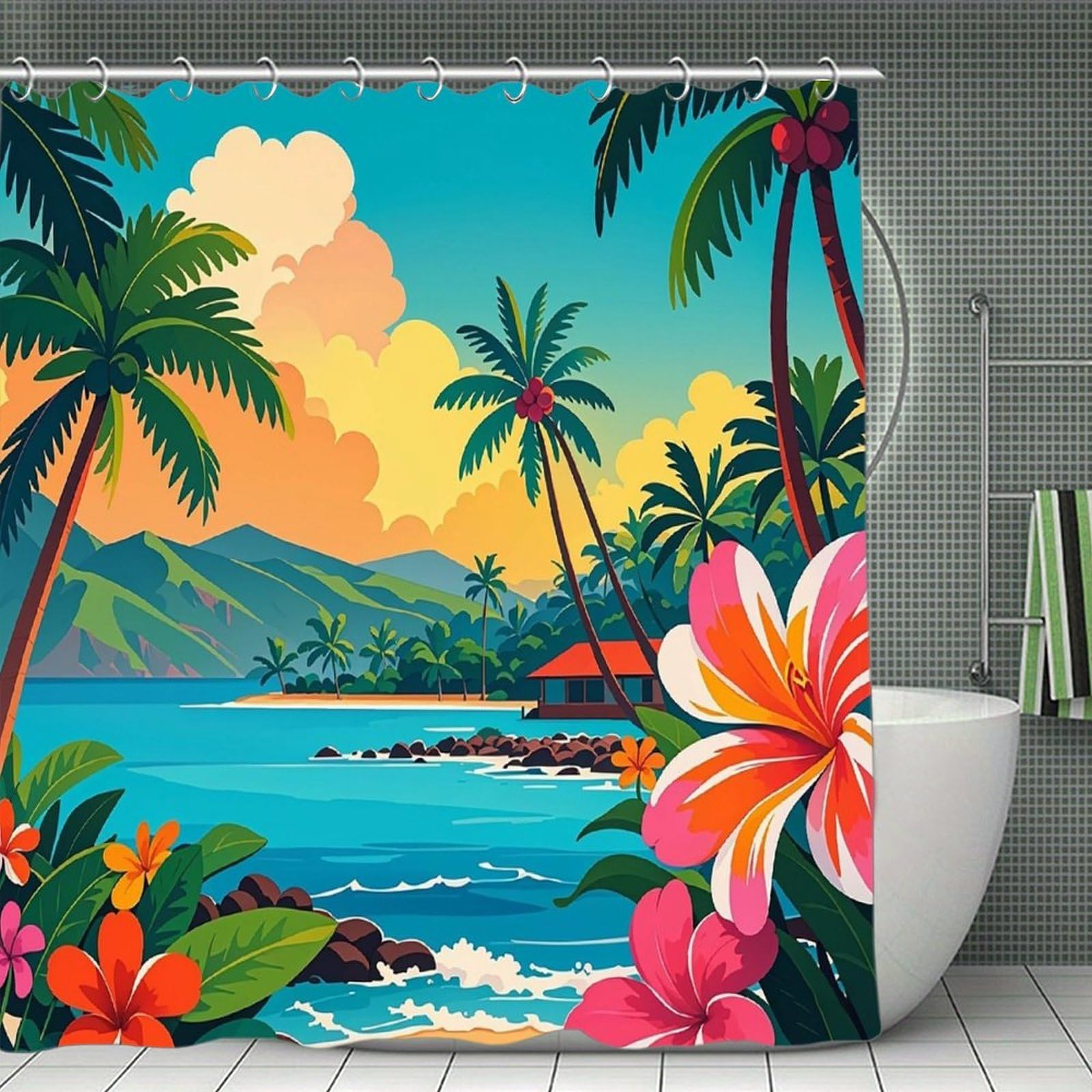 FekiLoot Hello Hawaii Shower Curtain Minimalist Thick Bathroom Curtain Washable Modern Bathroom Shower Curtain Heavy Duty Waterproof Cloth Bath Curtain with Hooks 70.8"x70.8"