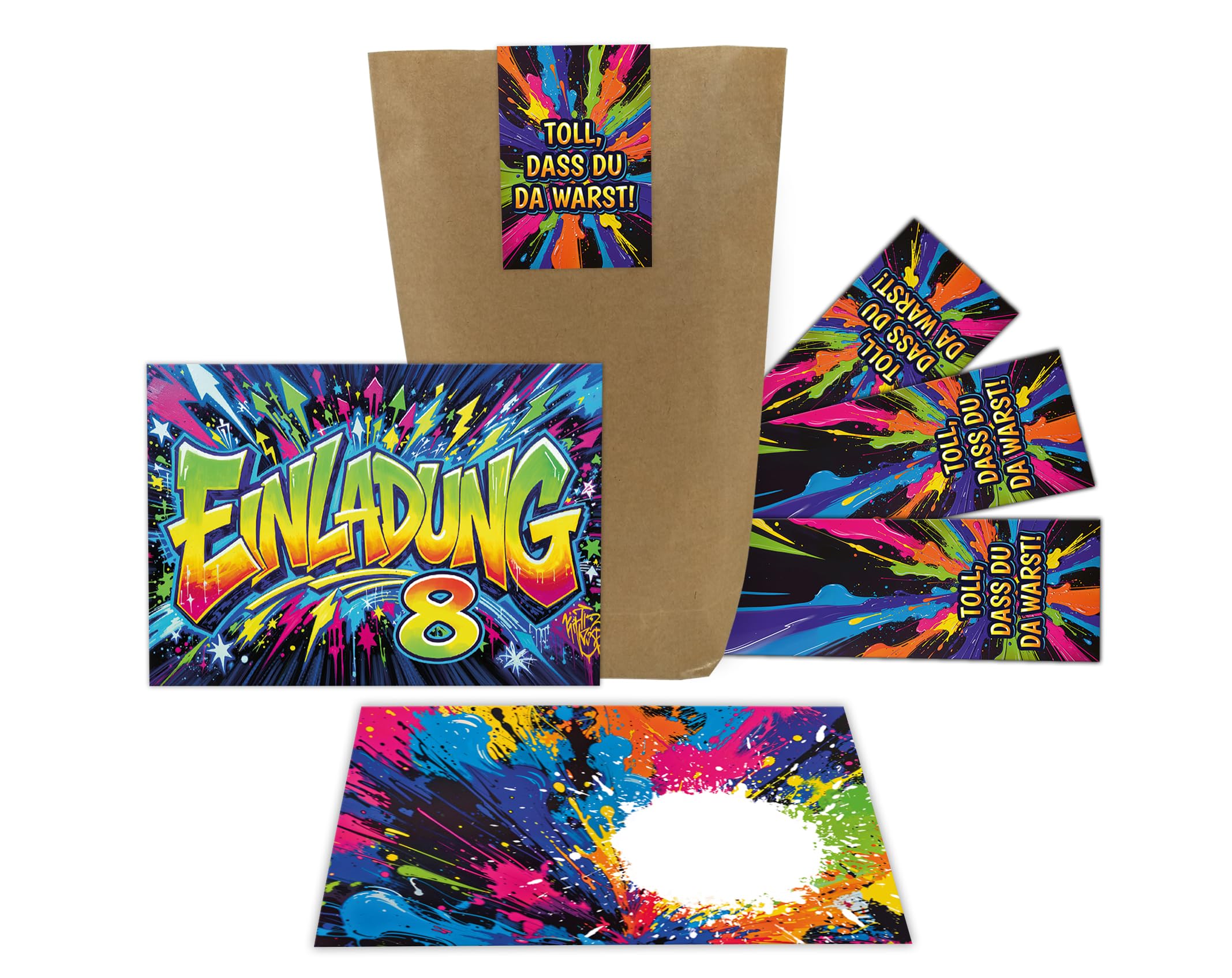 Junaversum 12 Einladungskarten zum 8. Kindergeburtstag Kinder Junge Mädchen Graffiti coole bunte Einladungen achte Geburtstag Geburtstagseinladungen Kids inkl. 12 Umschläge, 12 Tüten, 12 Aufkleber