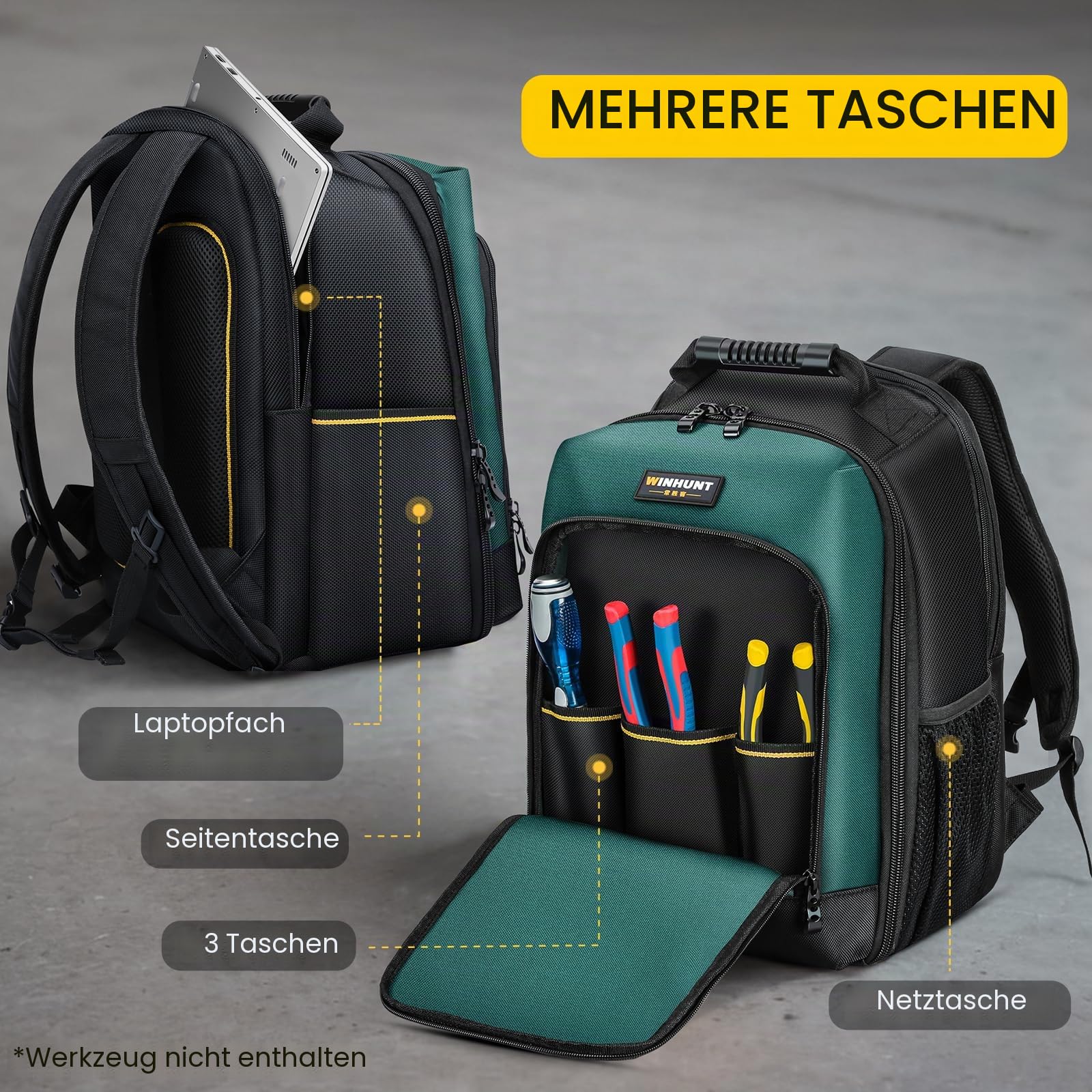 WINHUNT Werkzeugrucksack 43x31x20cm, 1680D Oxford Wasserdicht，Grün