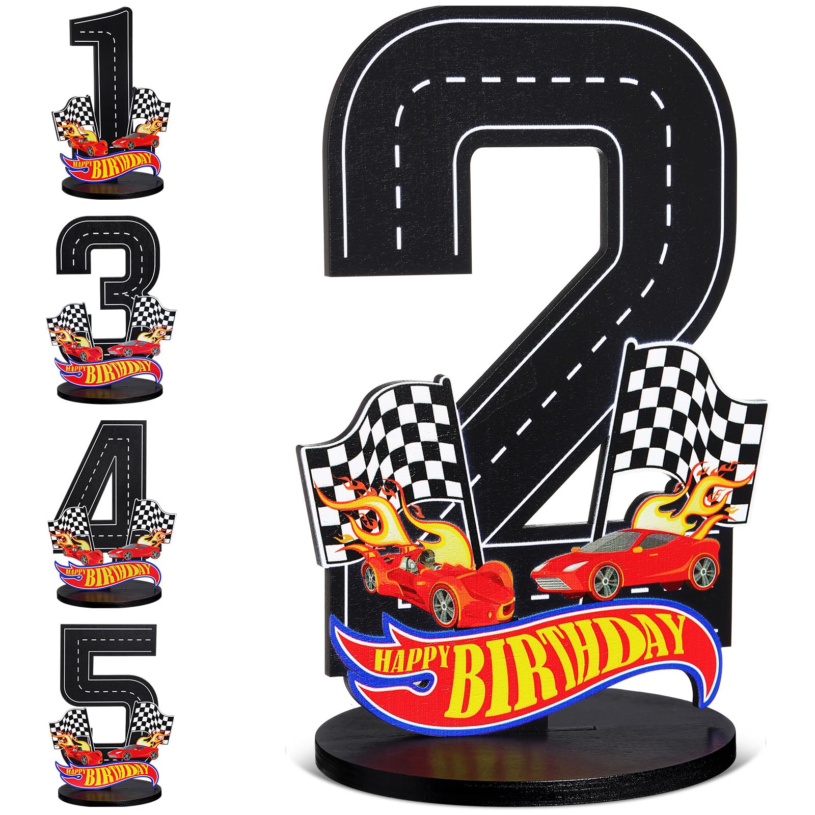 Race Car 2nd Birthday Number Sign Centerpiece Race Car Theme 2nd Birthday Party Supplies Wooden Table Decoration Photo Props for Boys Two Years Old