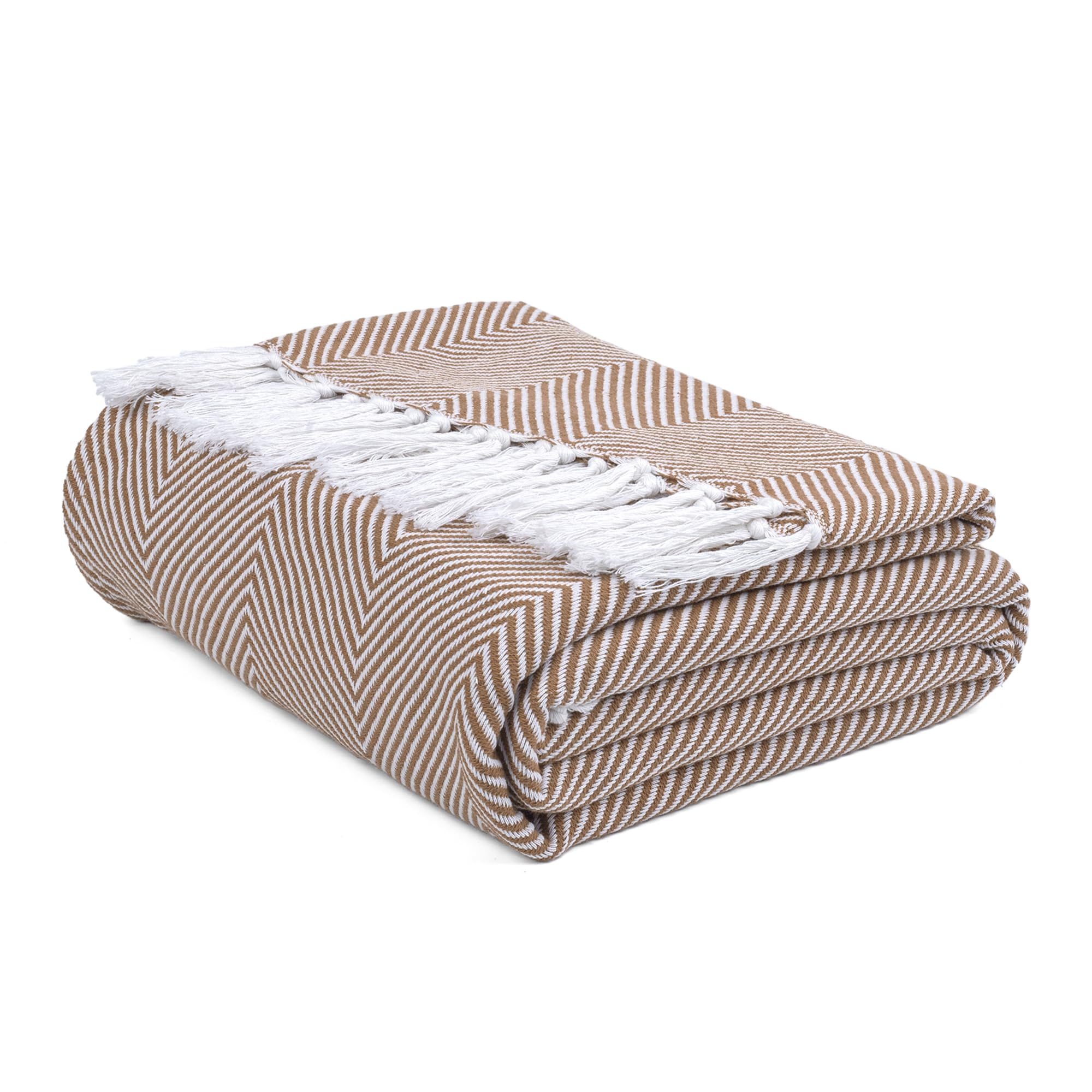 Ehc Coffee Herringbone Twill Throw, Handwoven Cotton Throws For Sofas Bed Sofa Settee Couch Reversible Bed Cover Over Blanket, Single 127 X 152Cm, Ivory