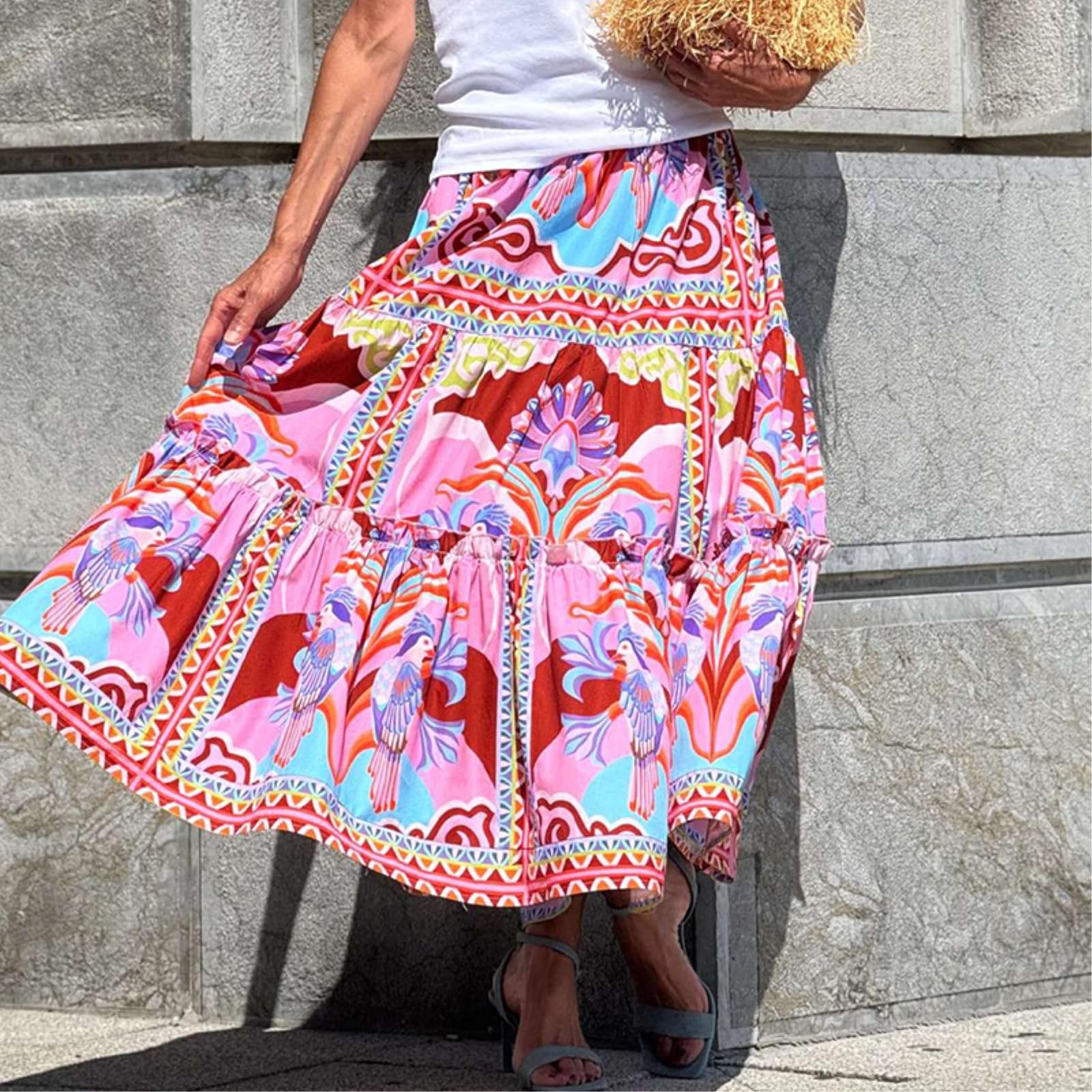 Minigonna Donna Boho Stampa Maxi Gonna Alta Vita A Livelli Ruffle Beach Vacanze, Traspirante Lunga Linea-Pink Print-s