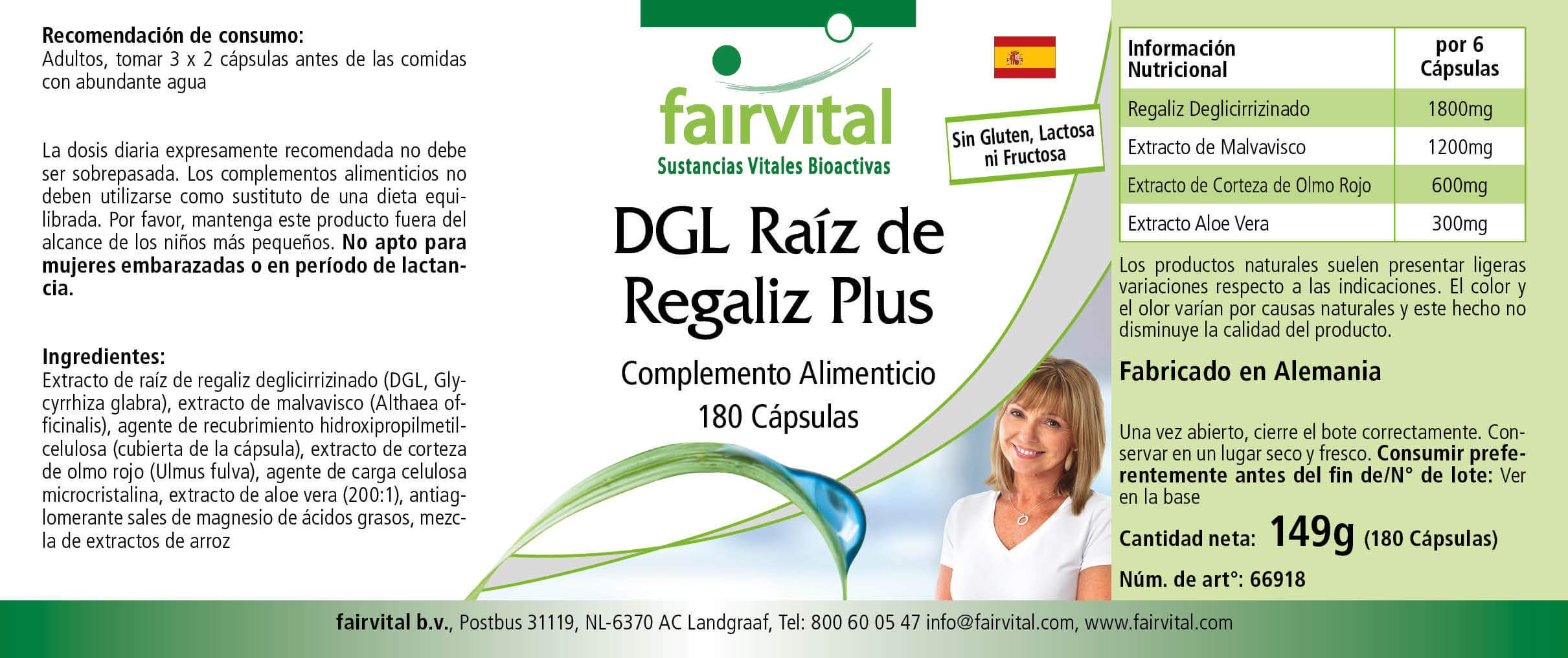 fairvital DGL Plus, 180 capsule, ALTO DOSAGGIO, VEGANO, con liquirizia, altea, olmo rosso e aloe vera