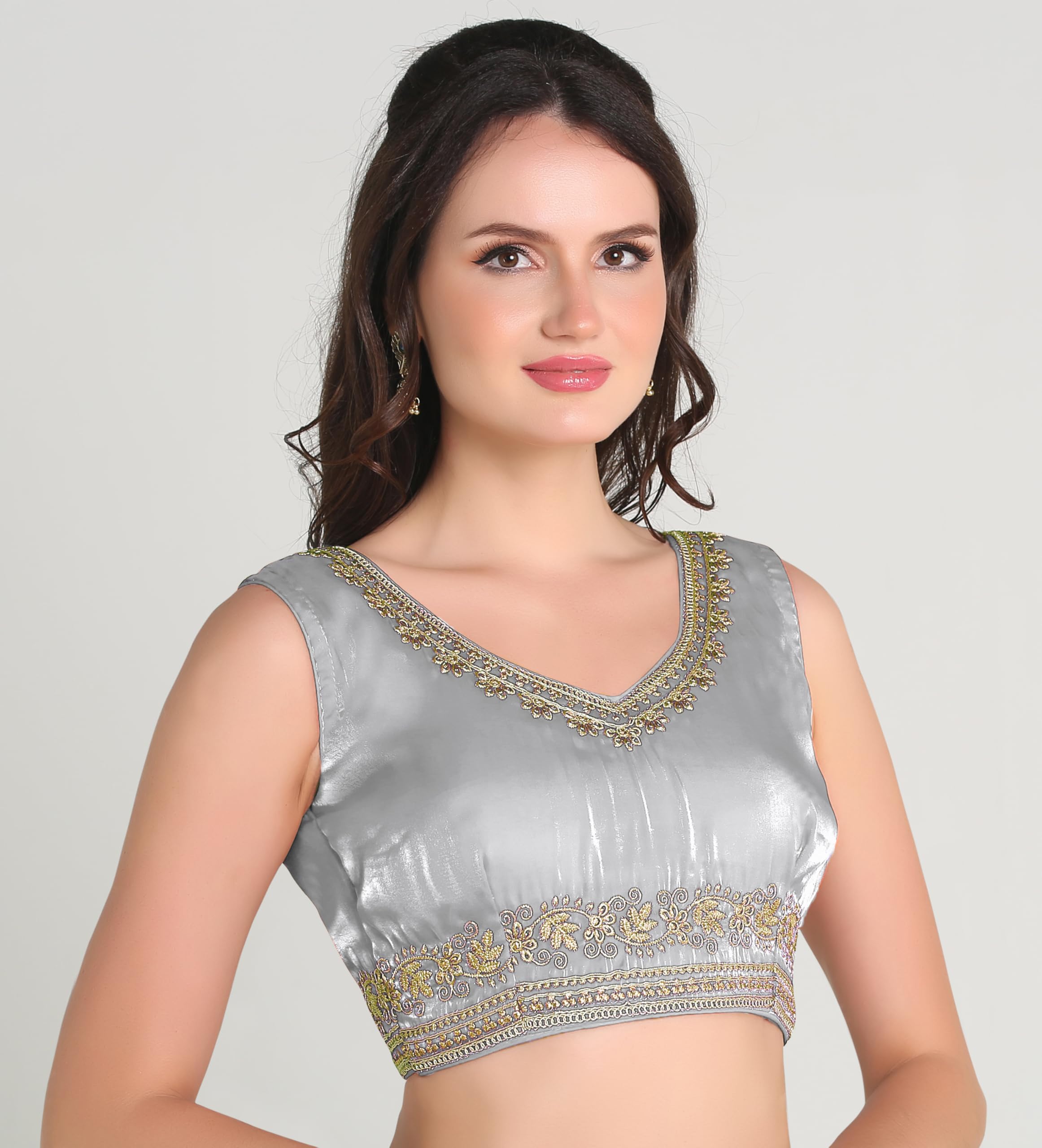 Pujia Mills Women's Sequin Embroidered V Neck Sleeveless Readymade Saree Blouse Indian Ethnic Designer Stitched Readymade Saree Blouse Sleeveless Blouse Readymade Blouse For Women (Silver, 32)