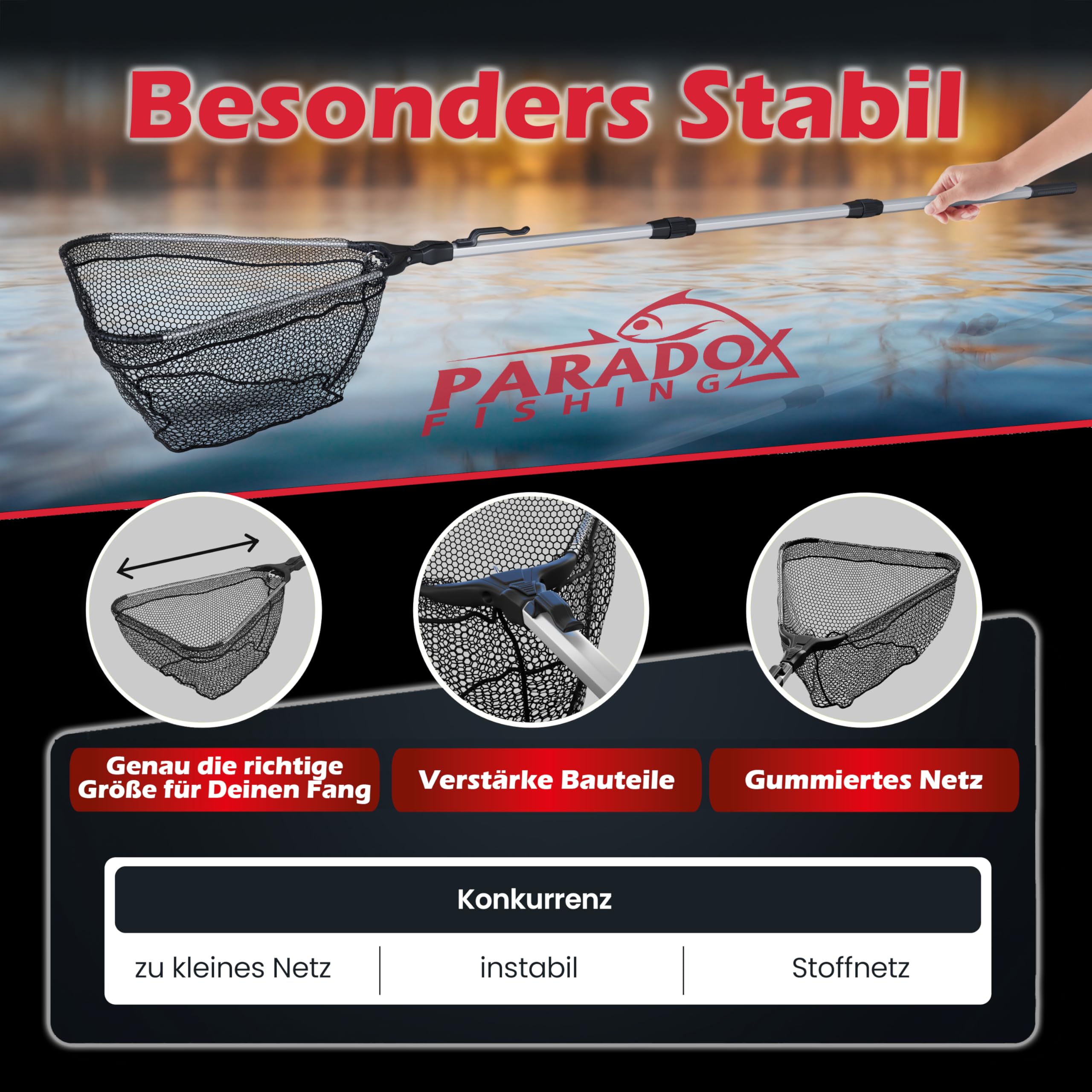 Paradox Fishing Red de pesca de goma, 2,1 m, telescópica, engomada, 2,1 m