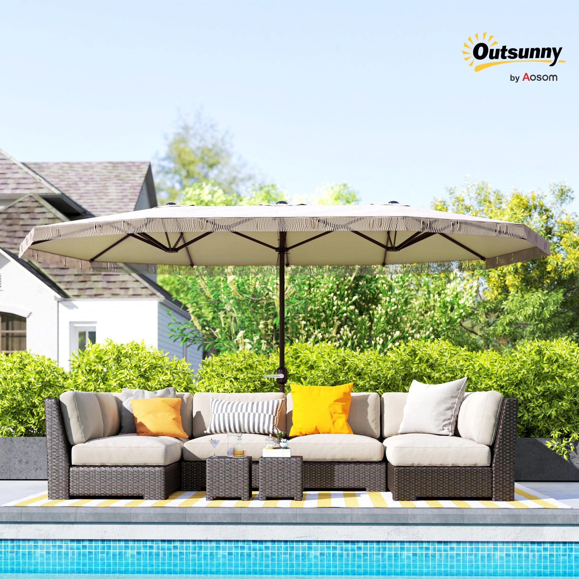 Outsunny Zewnętrzny parasol ogrodowy, podwójny prostokątny, 4,5 x 2,65 x 2,6 m z otworem korbowym i frędzlami, płótno 180 g/m², parasol na balkon, basen, taras, kremowy