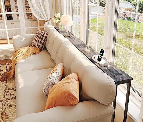 Miniatura 6 de SUPERJARE Mesa consola estrecha de 78.8 pulgadas con tomacorriente, juego de 2, mesa de sofá detrás del sofá, mesas de entrada largas con estación