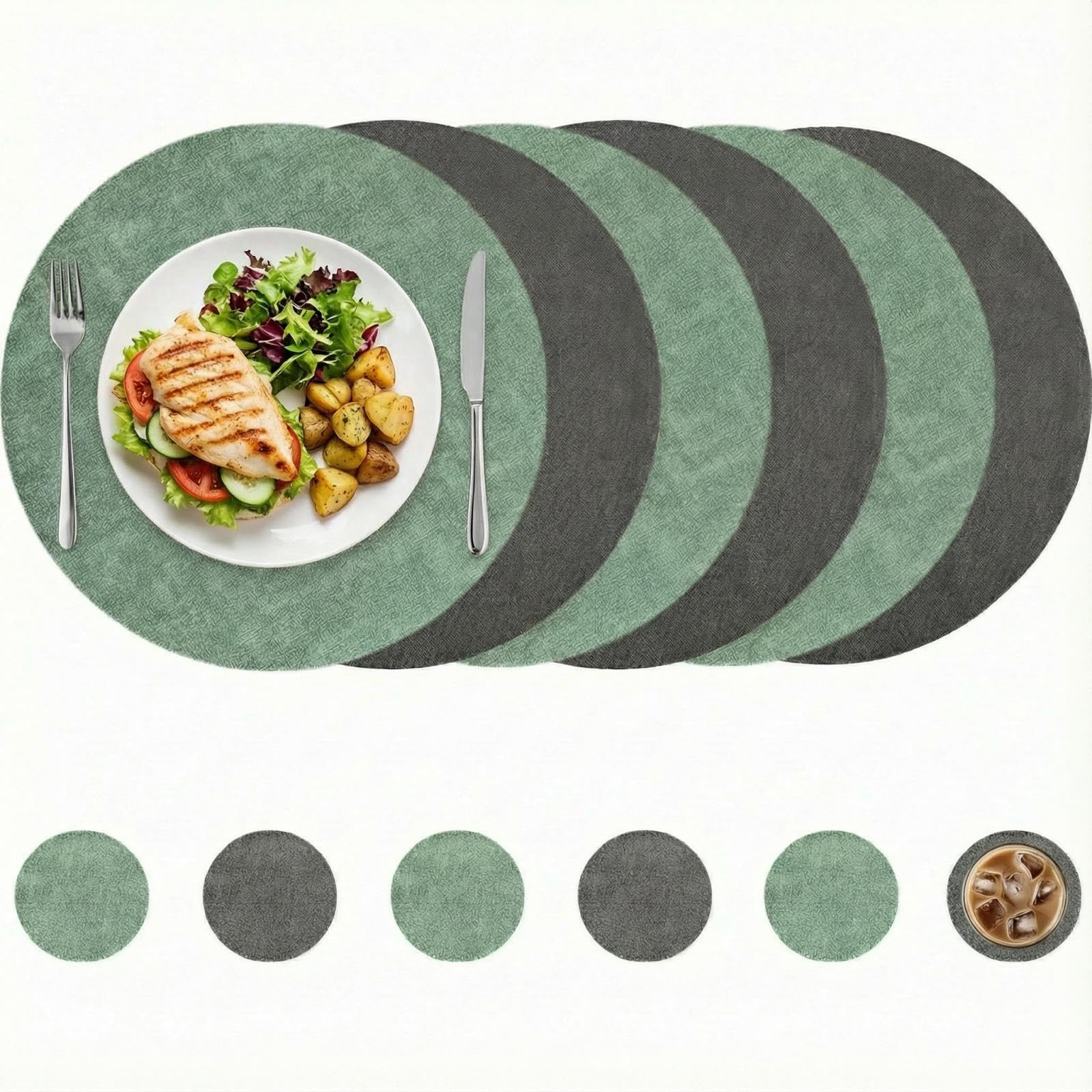 Table Mats & Coaster Sets 6, Leather Dual-Sided Table Placemats with Green Oil-Edging, Waterproof Heat Resistant Non-Slip Washable Green Placemats for Kitchen Dining Coffee Table