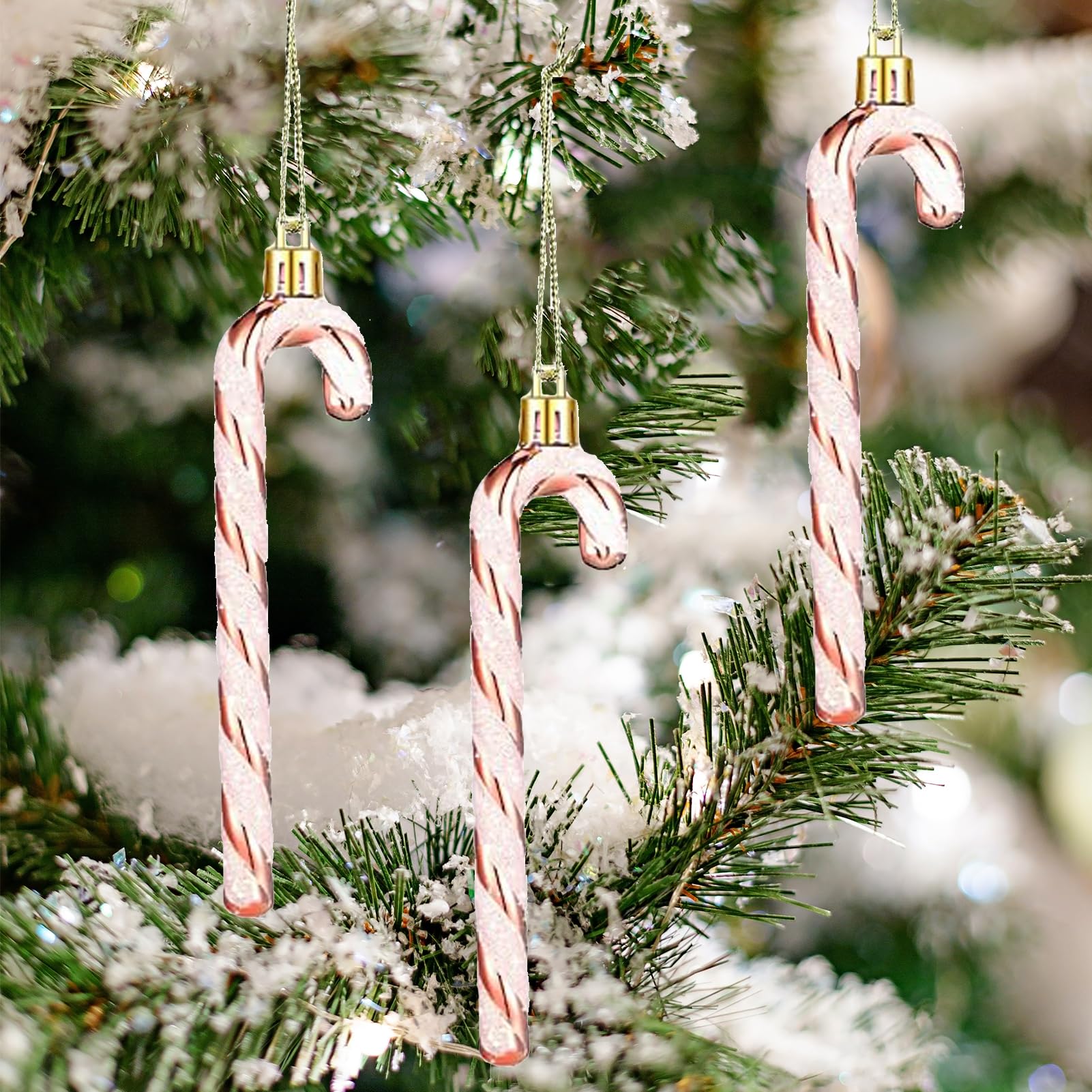 12Pcs Glitter Candy Cane Christmas Tree Decorations Christmas Plastic Candy Cane Tree Hanging Ornament for Holiday Party Decoration Favor (Rose Gold) - Image 3