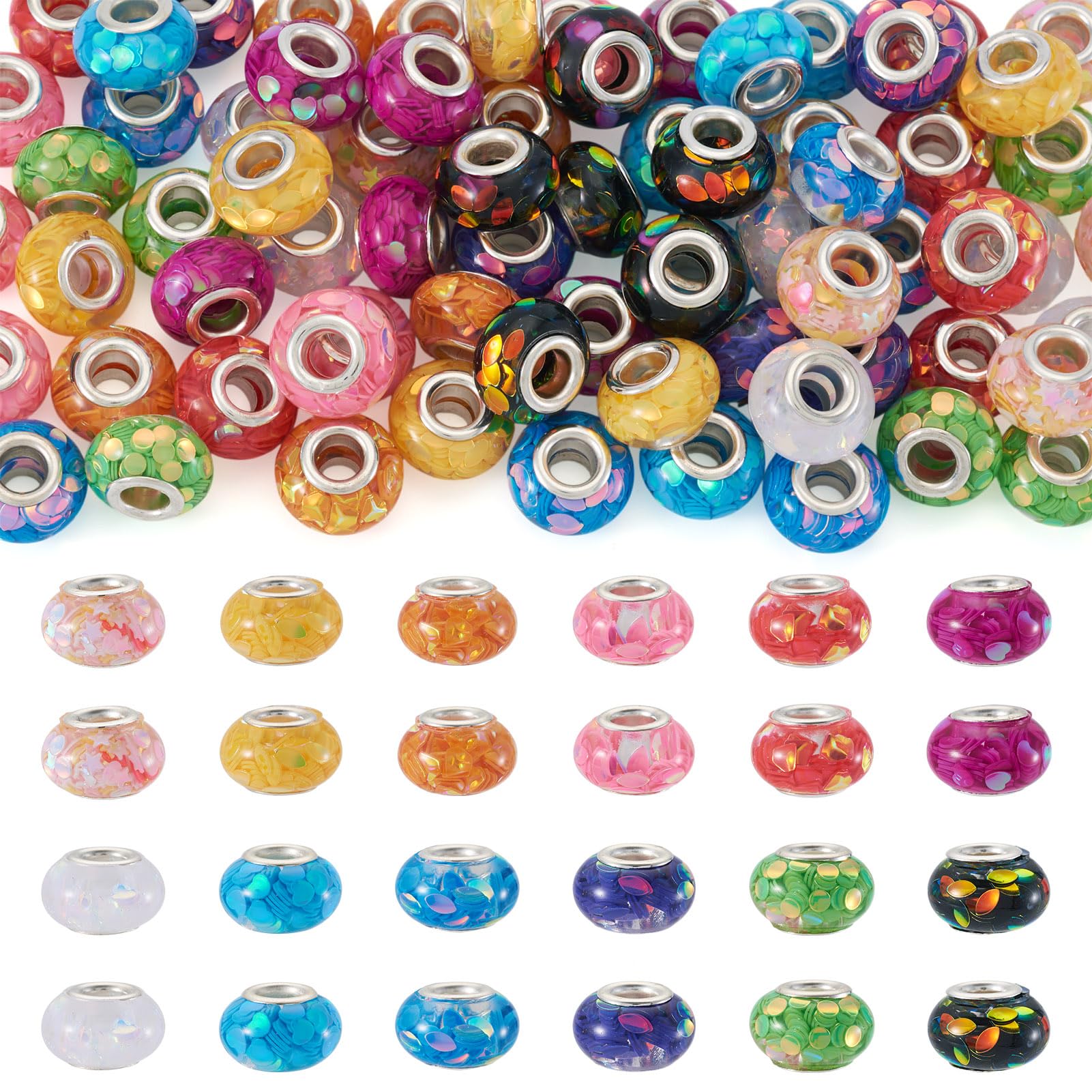 72Pcs Colorful Large Hole Resin Beads European Crafts Beads Large Hole European Loose Bead for DIY Crafts Fairy Wand Garden Pen Making Women Bracelet Earring Jewelry Making