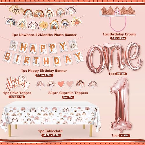 Miniatura 2 de Miucat Decoraciones de primer cumpleaños para niña, decoraciones bohemias de primer cumpleaños de arco iris, pancarta de fotos mensual de bebé