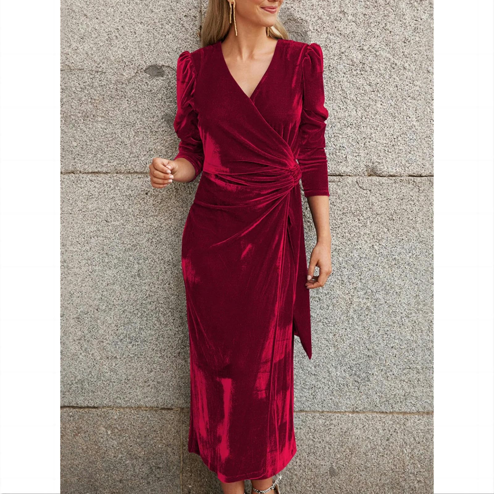 Sukienki damskie elegancka sukienka midi bodycon damska jednolity kolor dekolt w serek wiązana sukienka z długim rękawem