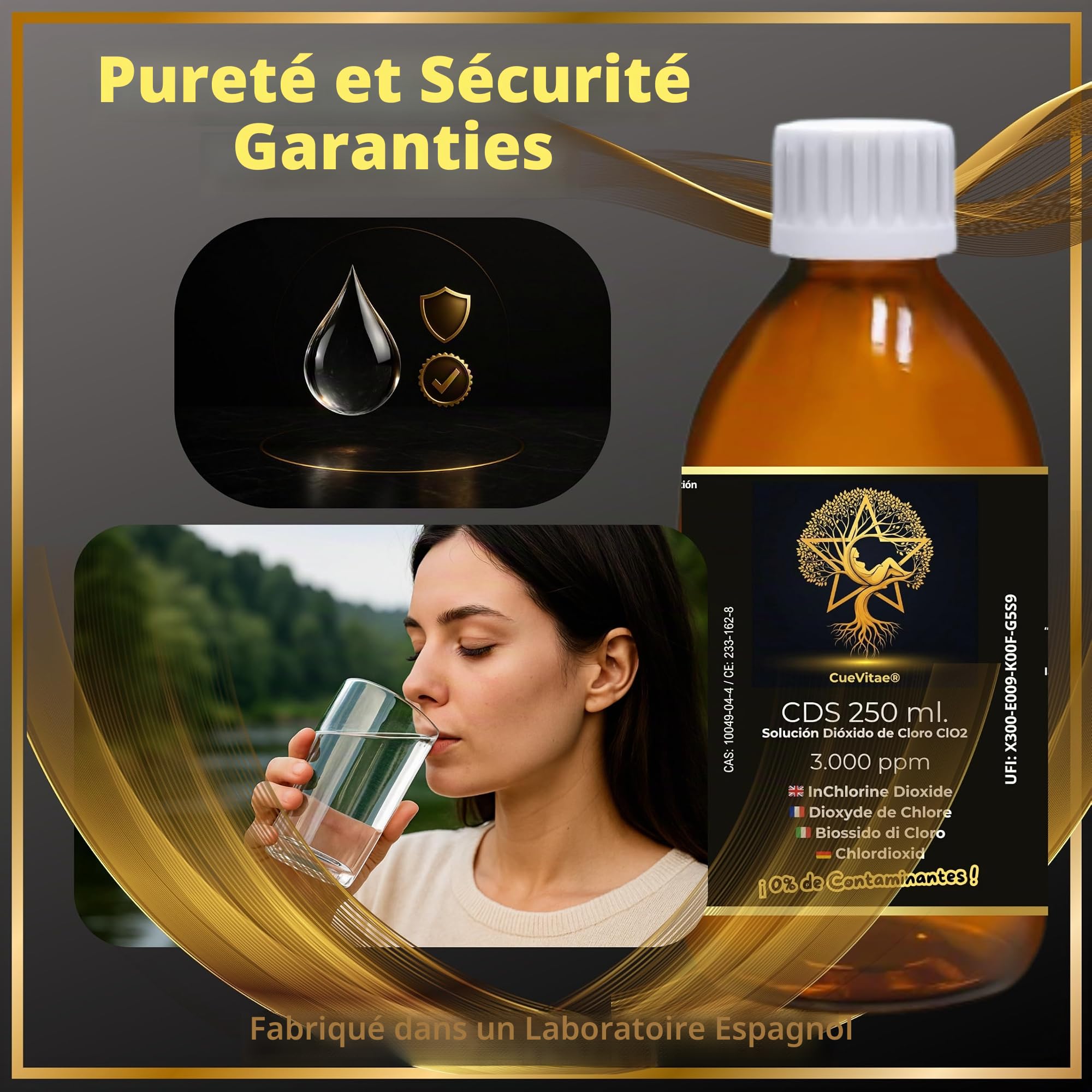 CDS 0,3% 2x250 ML | Solution aqueuse de dioxyde de Chlore | Verre | Biocide technique TP5 exclusif traitement d'eau. Lot 2 récipients verre ambré anti-UV avec équipement volumétrique.