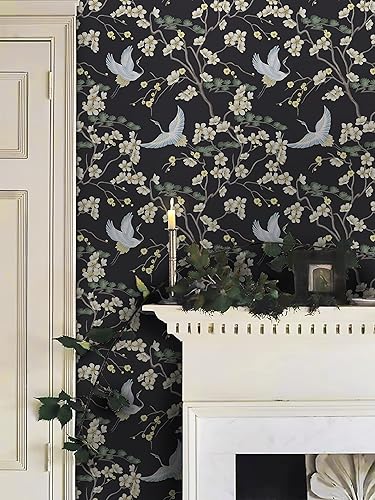 Miniatura 8 de Micpolo Papel tapiz autoadhesivo y extraíble de 16.1 x 197 pulgadas, papel de contacto floral negro con flores y pájaros, autoadhesivo y extraíble