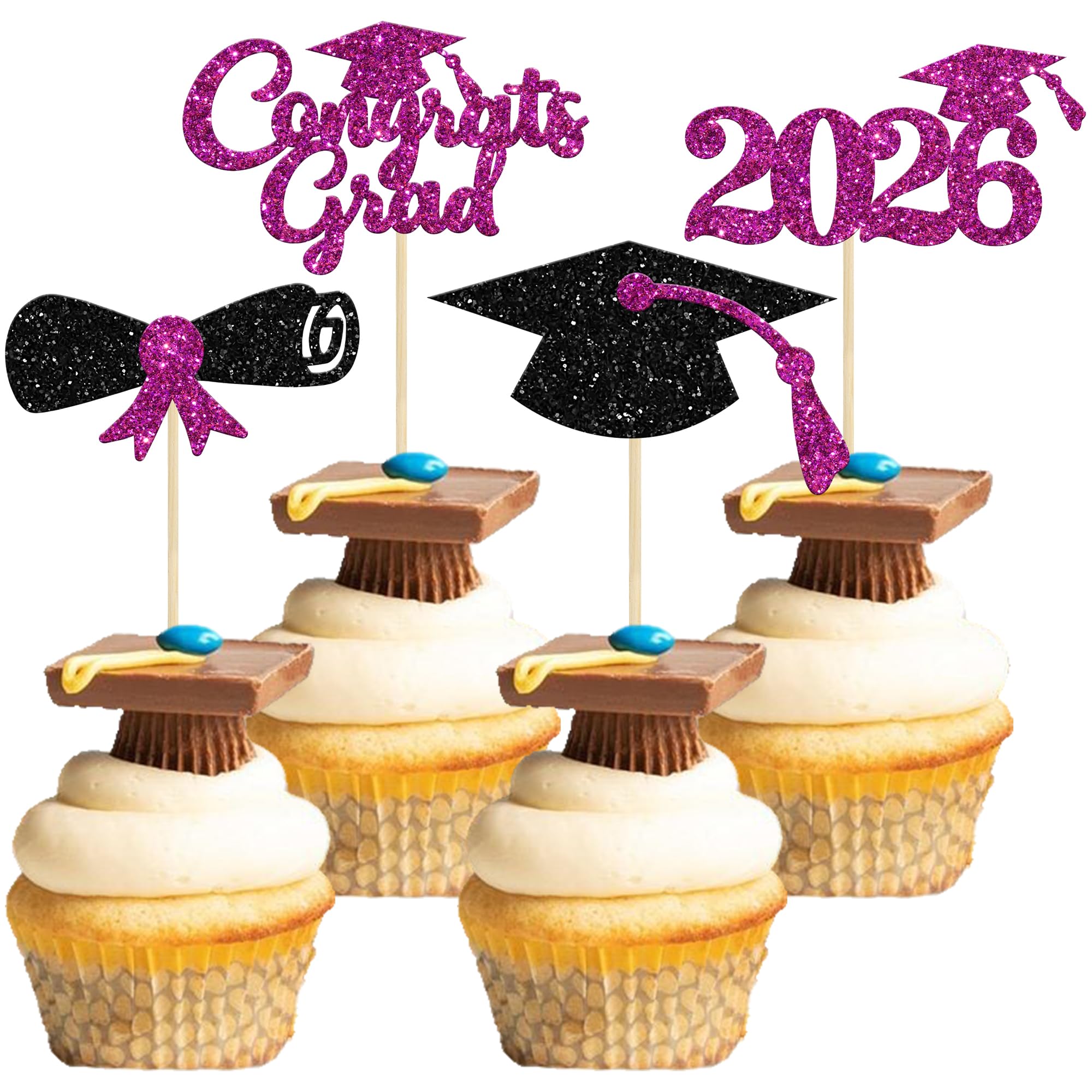 Gyufise 24Pcs 2026 Graduation Cupcake Toppers Purple Glitter Congrats Grad Cap Cake Graduation Party Decorations Diploma Cupcake Picks for Cake Food Class of 2026 Graduation Theme Party Supplies โ image 1