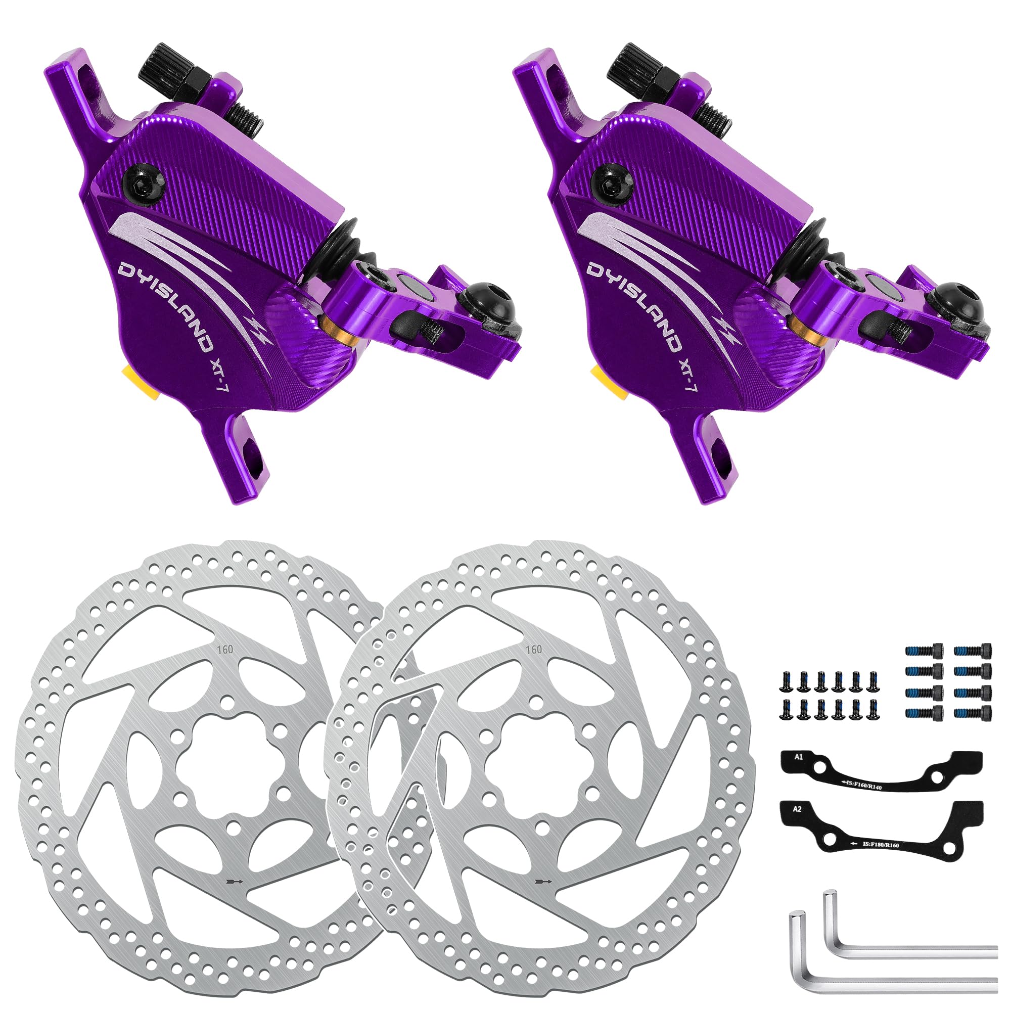 DYISLAND XT-7 Hydraulic Disc Brakes Calipers,Line Pulling/Cable Actuated Front & Rear Brake Calipers for MTB/Mountain/Road Bike/E-Bike (Purple-Brakes)
