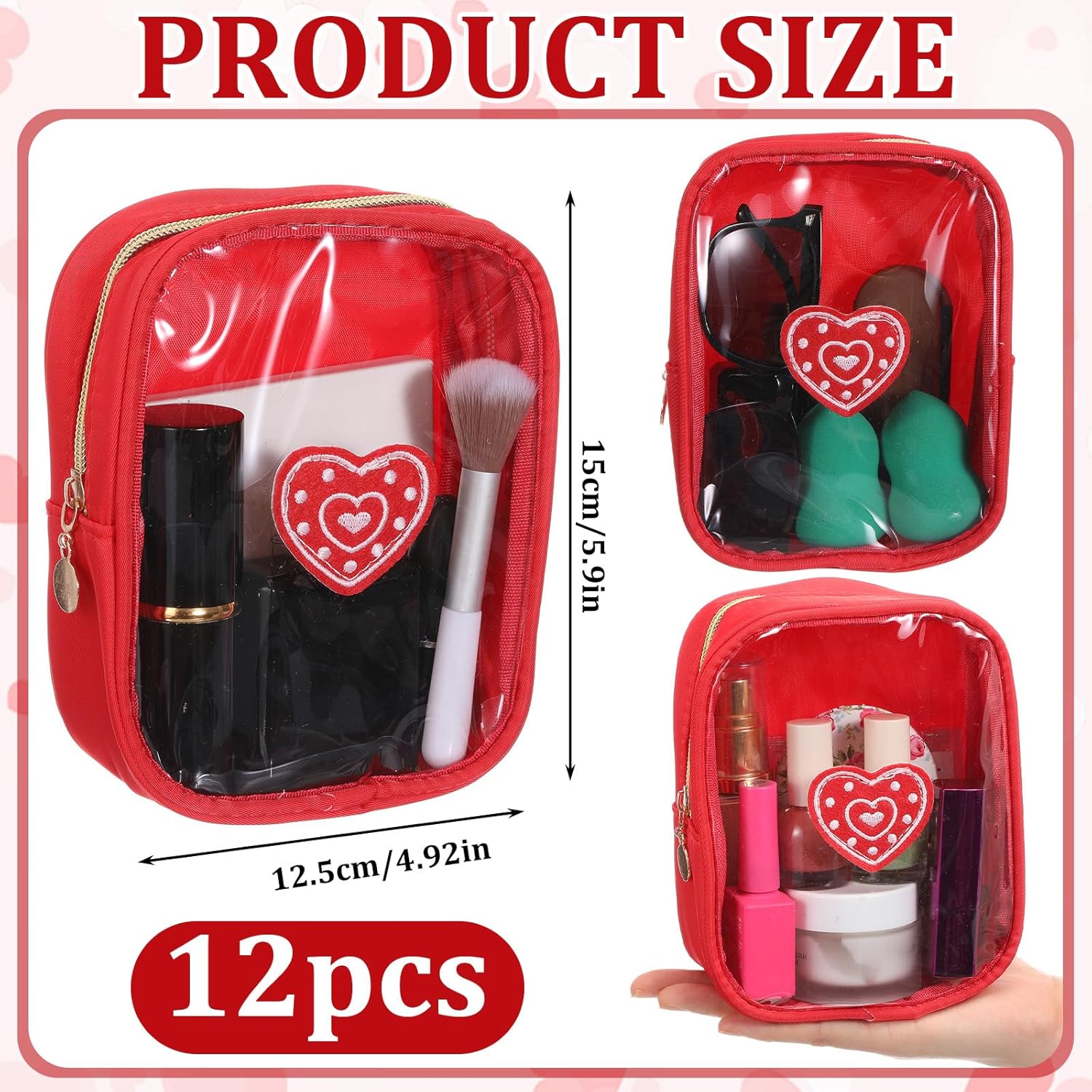12 Pcs Valentines Heart Chenille Patches Makeup Bags with Zipper Galentine Cosmetic Bags Bulk for Women Red Waterproof Toiletry Bag Valentines Galentines Day Gifts for Team Stuff Travel