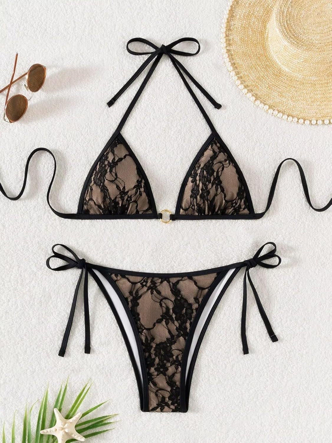 Women's Floral Lace Sexy Bathing Suit Ring Halter Summer Swimsuit Bikini Set - Image 3