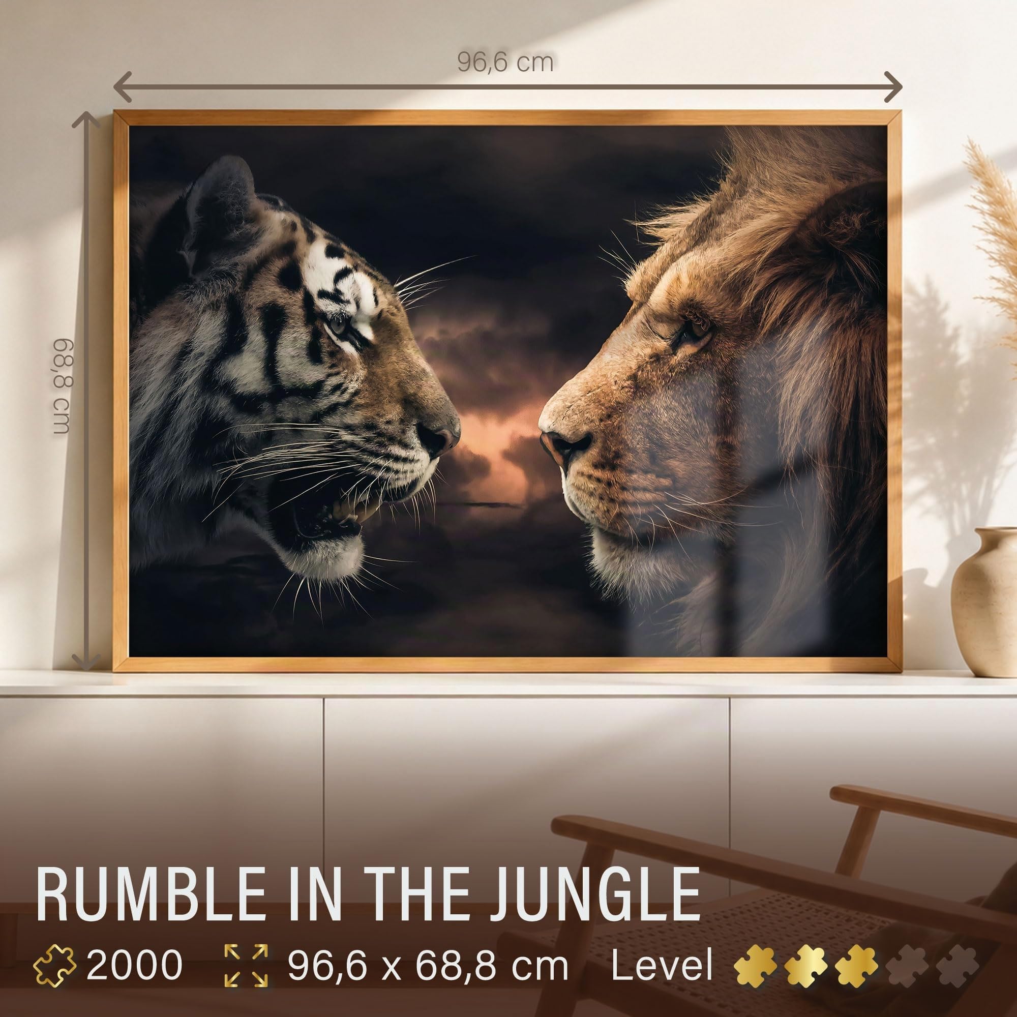 Ulmer Puzzleschmiede - Rumble in The Jungle - Impressionnant Puzzle de 2000 Pièces avec Lion et Tigre - Qui est Roi dans Le Royaume des Animaux - Chat Prédateur Magnifique