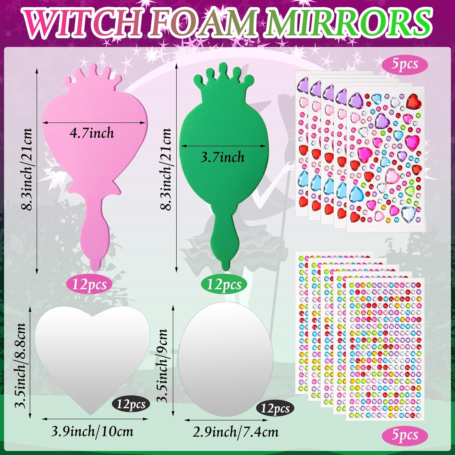 Geelin 24 Sets Pink and Green Mirror Crafts Foam Mirror for Witch Princess Party Favors DIY Decorate Your Own Glass Party Favors Movie Fan Gifts for Birthday Decorations